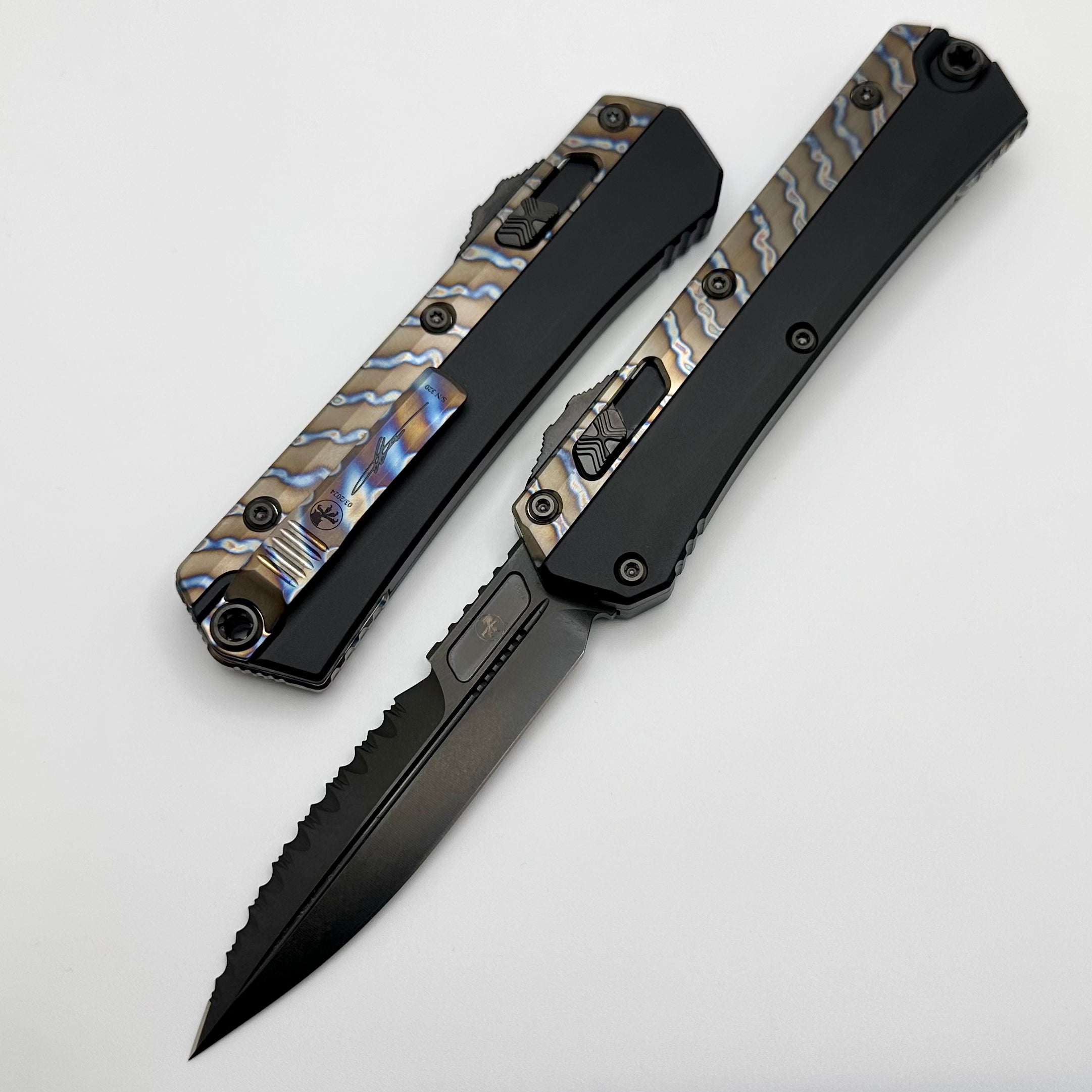 Microtech Glykon DLC Bayonet Part Serrated w/ Flamed Titanium Accents Signature Series 184-2DLCFA