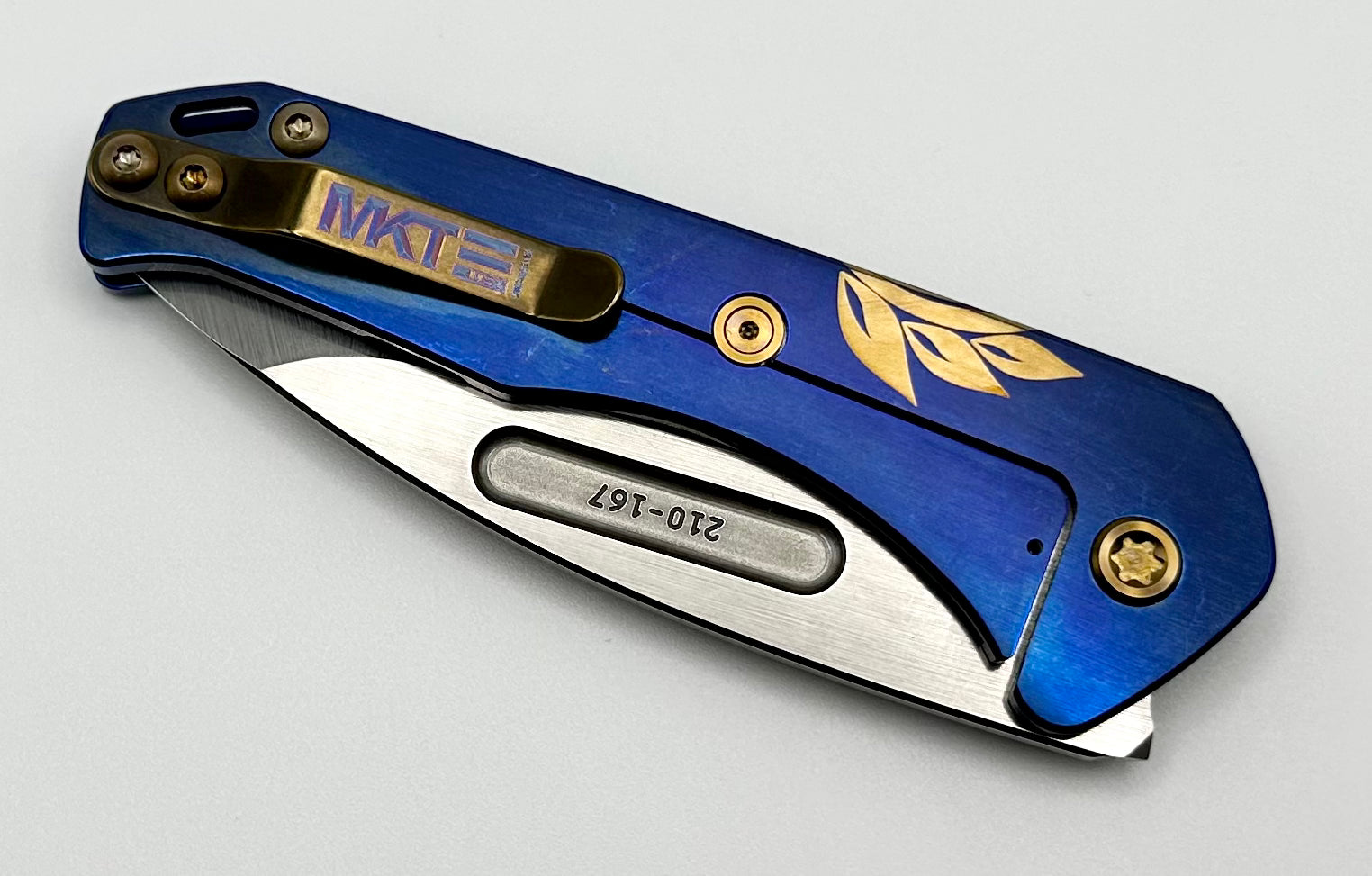 Medford Praetorian Slim w/ Tumbled S45VN Drop Point & Blue Filigree w/ Bronze Hardware/Clip