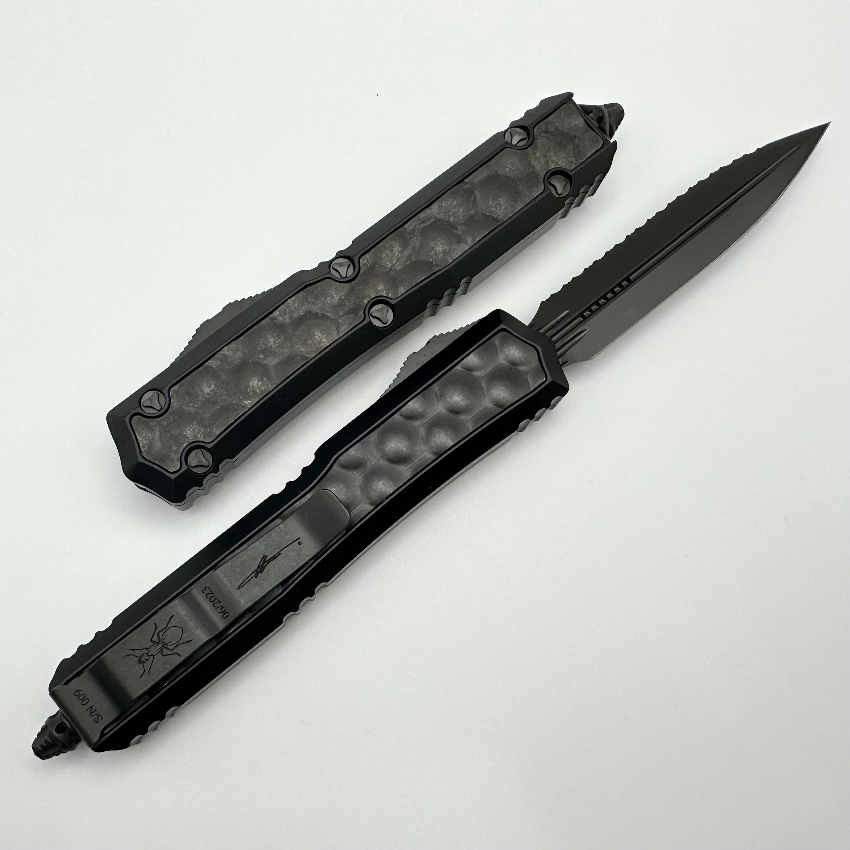 Microtech Makora Shadow DLC D/E Full Serrated w/ DLC Hardware Nickel Boron Internals & DLC Bubble Inlays 206-3DLCTBISH