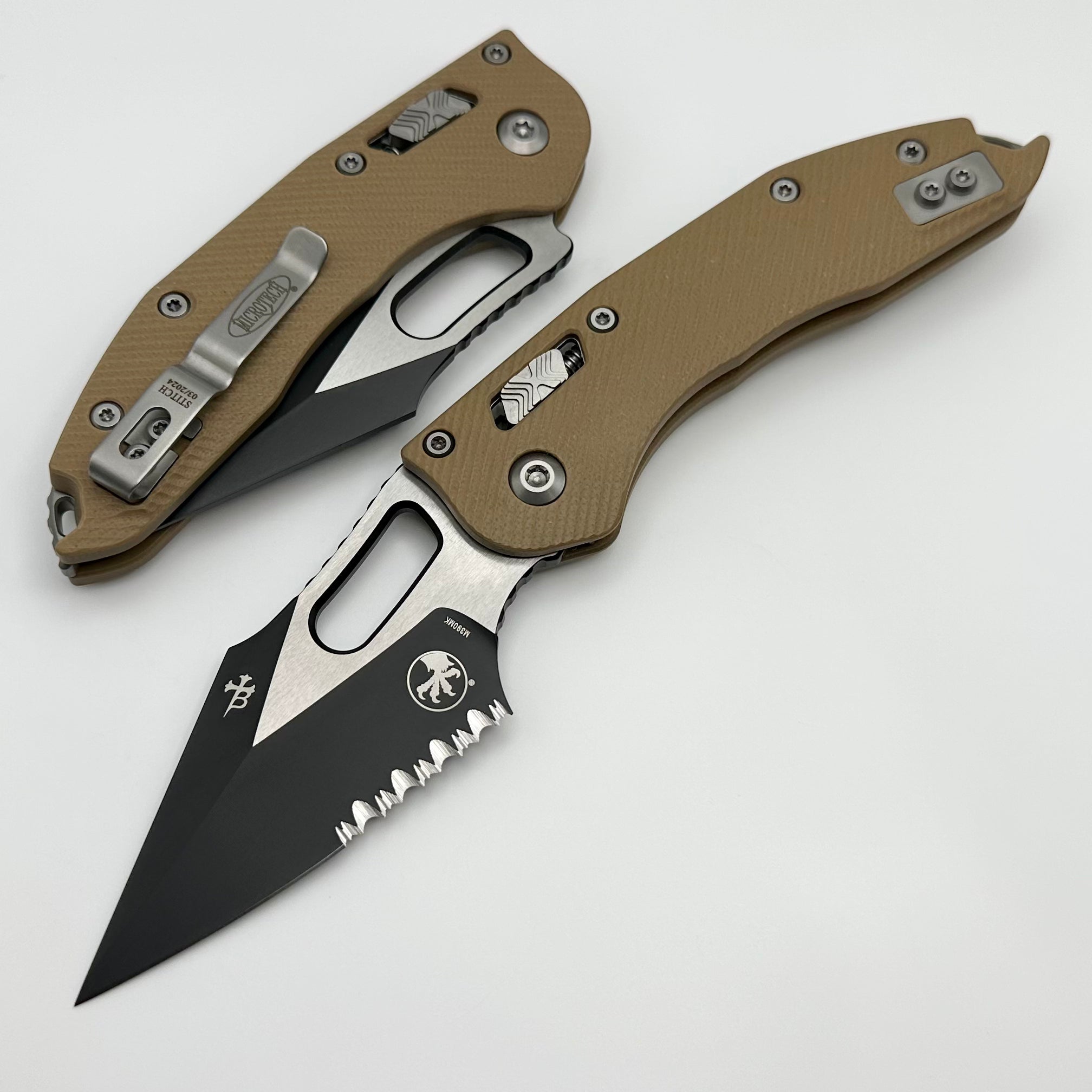 Microtech Knives Manual Stitch RAM LOK Fluted Tan G-10 & Partial Serrated Two Tone Black M390MK 169RL-2FLGTTA