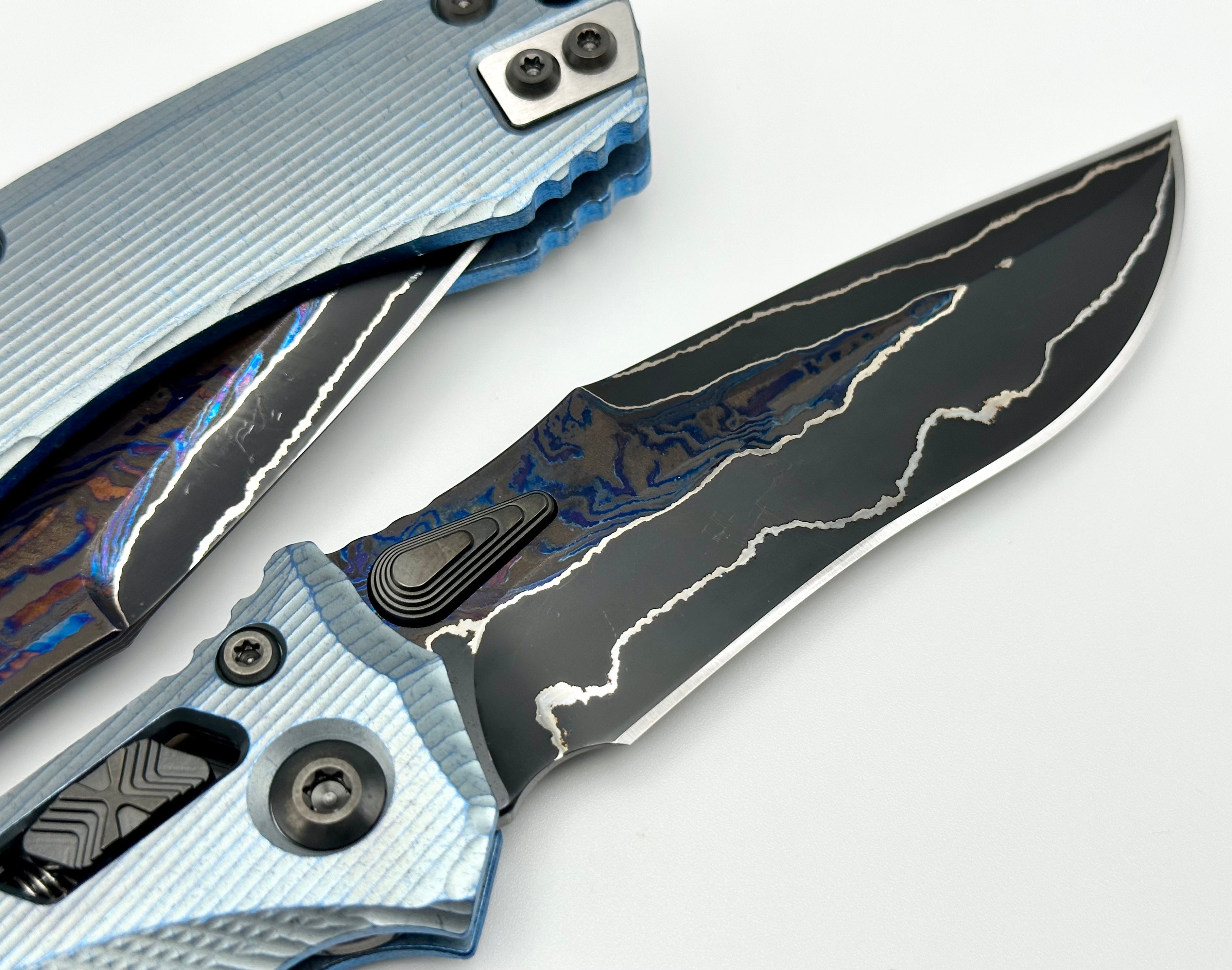 Marfione Custom Knives Amphibian RAM-LOK Brute de Forge Metroid Broken Anvil Damascus & Fluted Ice Blue Stippled Titanium