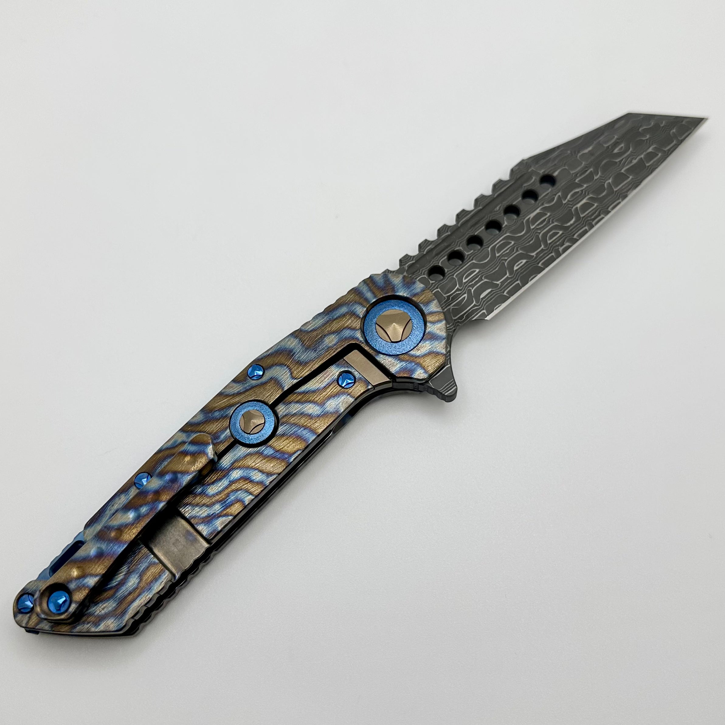 Marfione Custom Knives Warhound Flamed Barked Titanium w/ Blue Ti Hardware & Vegas Forge Stainless Reptilian Damascus Pattern #1