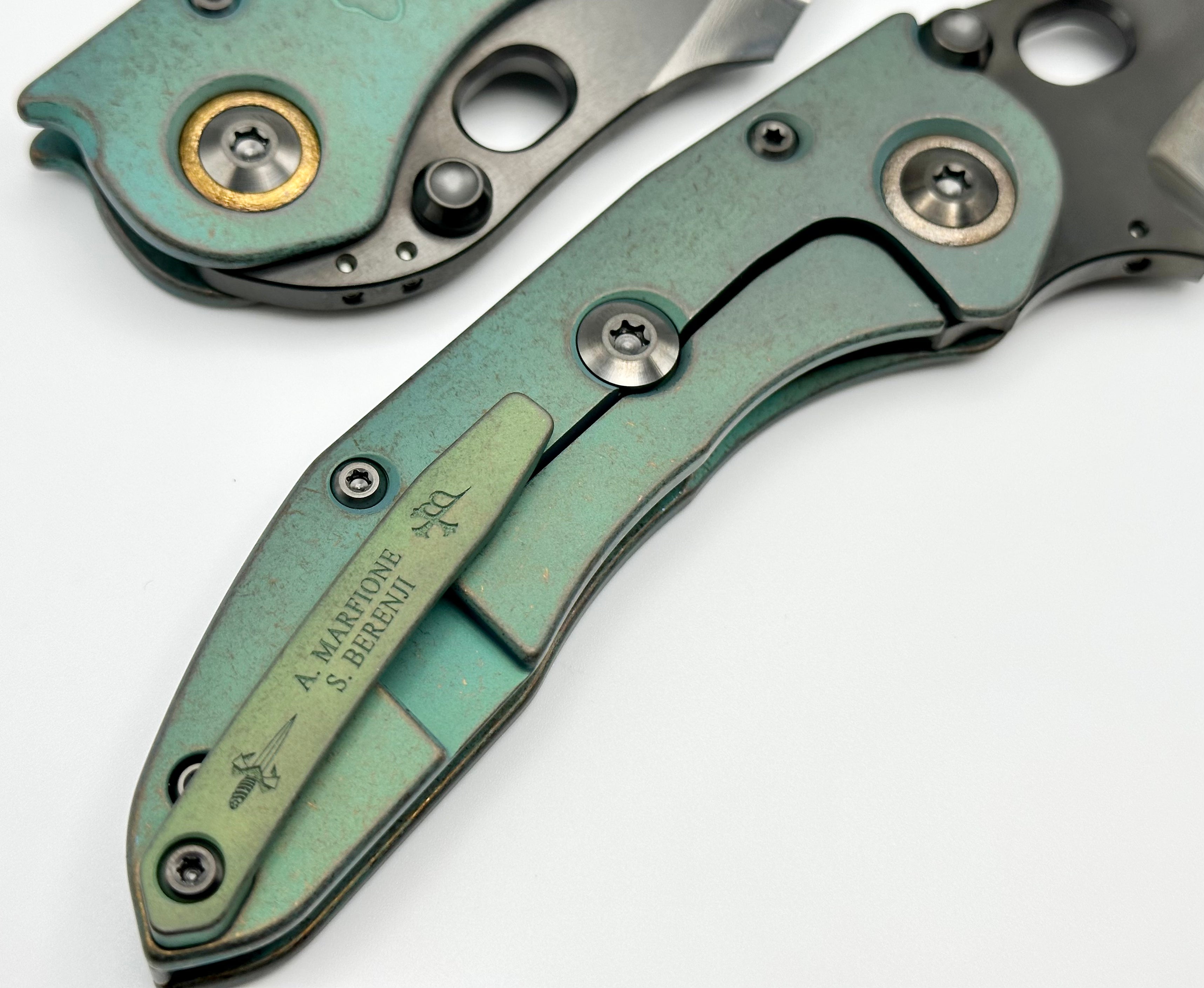 Marfione Custom Knives & Borka Blades Antique Green Lucky Stitch Trit Inlaid w/ DLC Cracked Diamond Wash Double Star Grind M390 & Antique Green Engraved Titanium