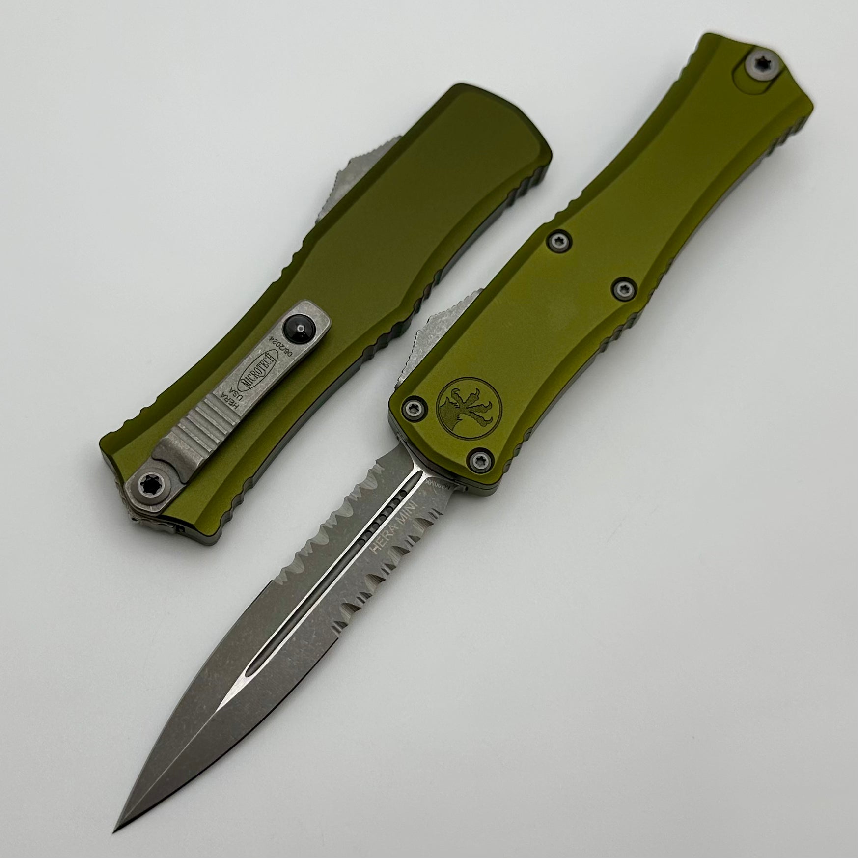 Microtech Knives Mini Hera Apocalyptic Partial Serrated Double Edge M390MK w/ OD Green Handle 1702M-11APOD