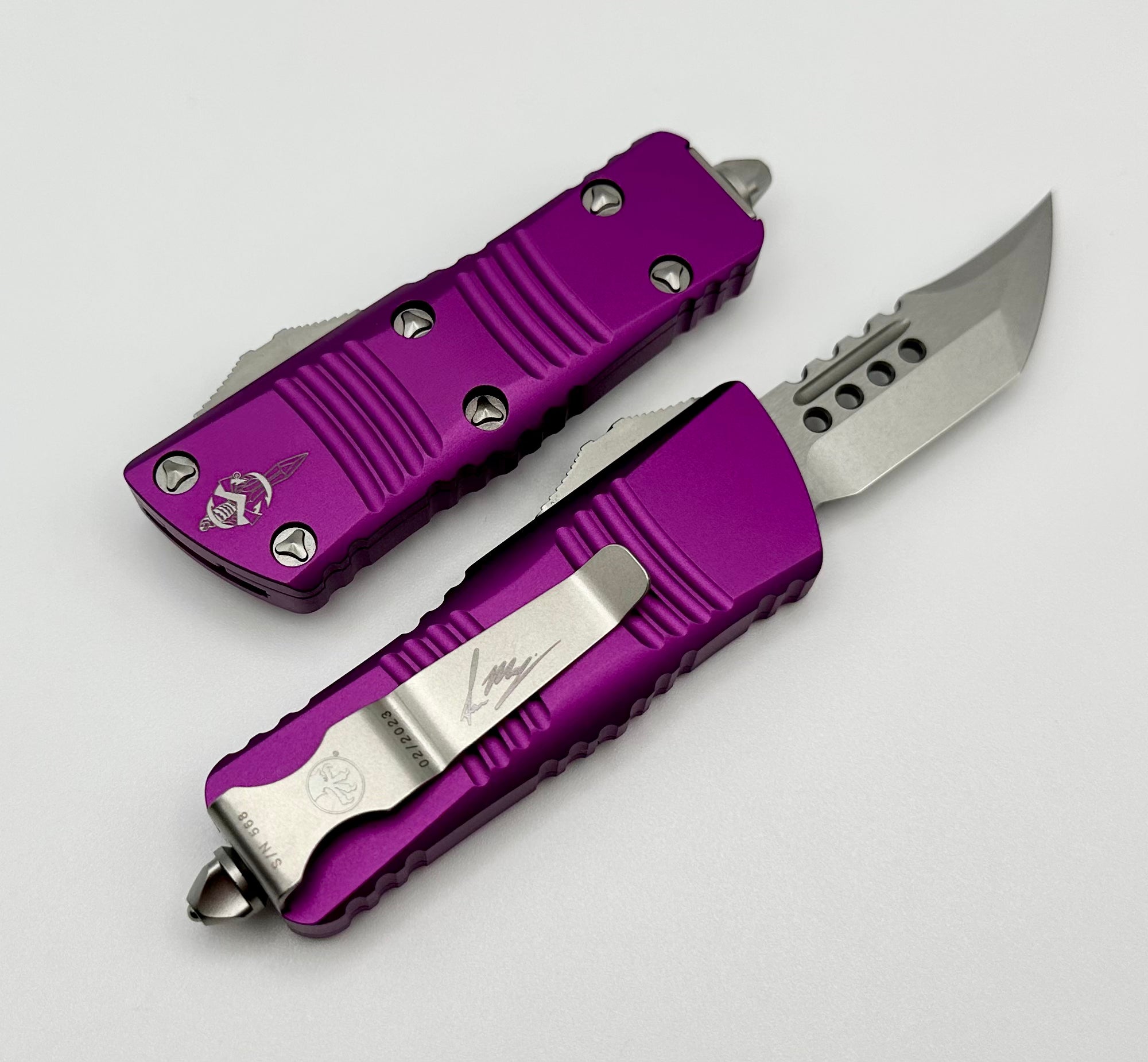 Microtech Mini Troodon Hellhound Stonewash & Violet Signature Series 819-10VIS