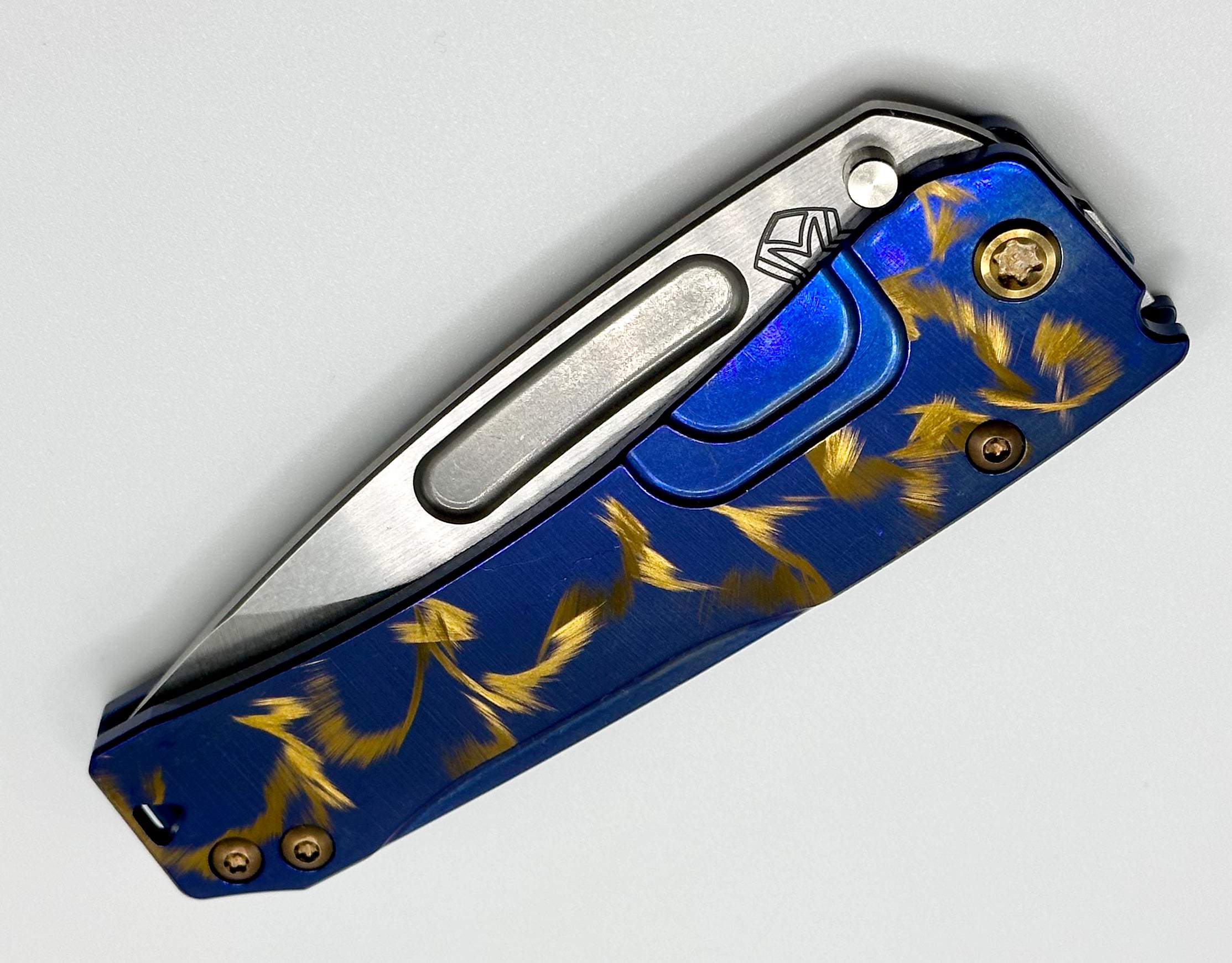 Medford Knife Slim Midi S45 Tumbled Drop Point w/ Blue/Bronze Birds of Paradise Handles & Bronze Hardware/Clip