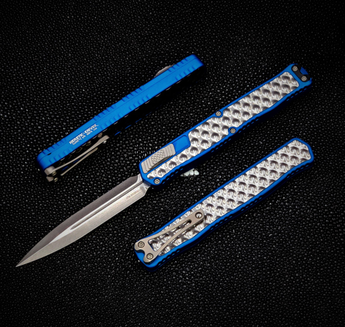 Heretic Knives Cleric II 2 Stonewash Double Edge Magnacut w/ Blue & Stainless Bubble Inlays