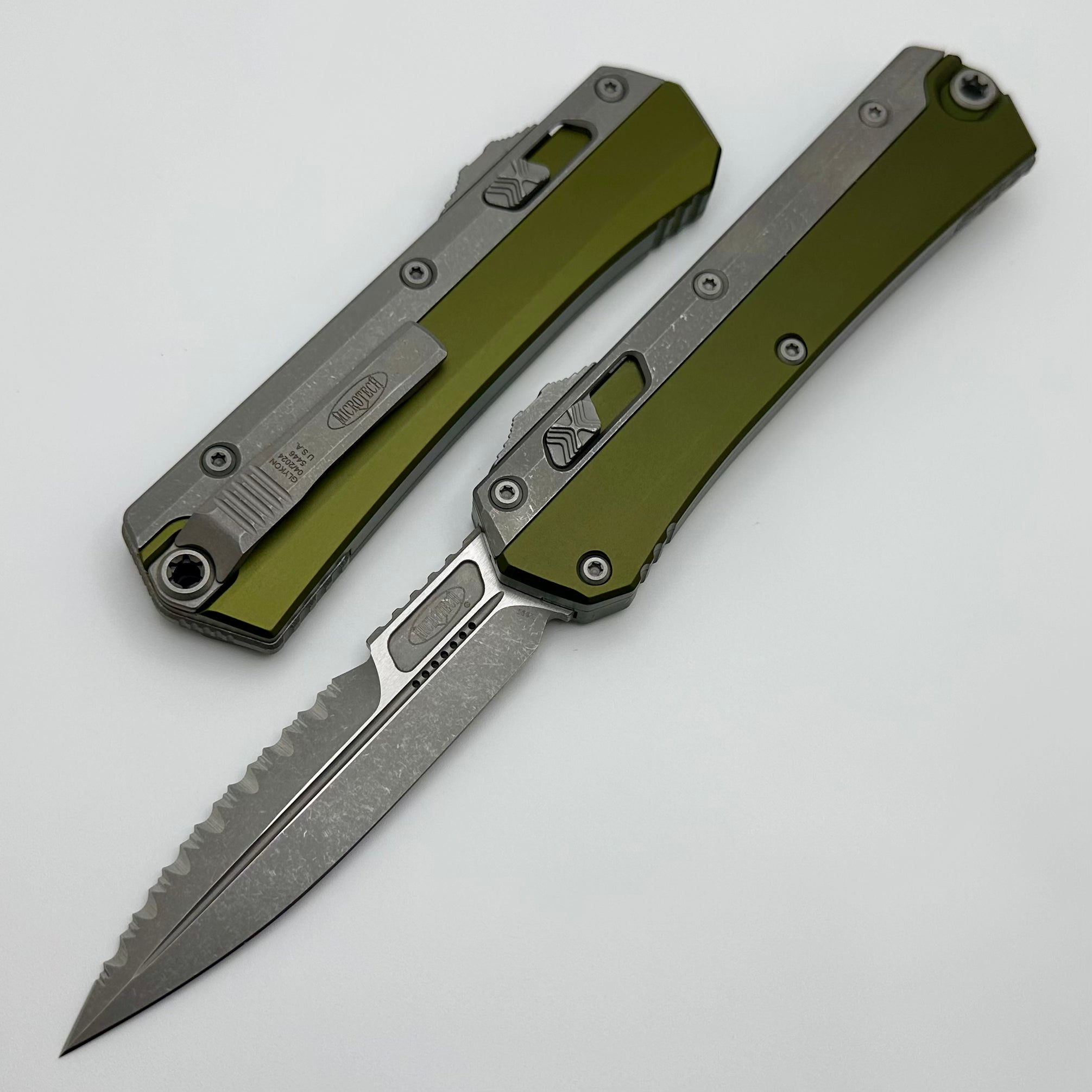 Microtech Glykon Apocalyptic Partial Serrated Bayonet w/ OD Green Handle 184-11APOD