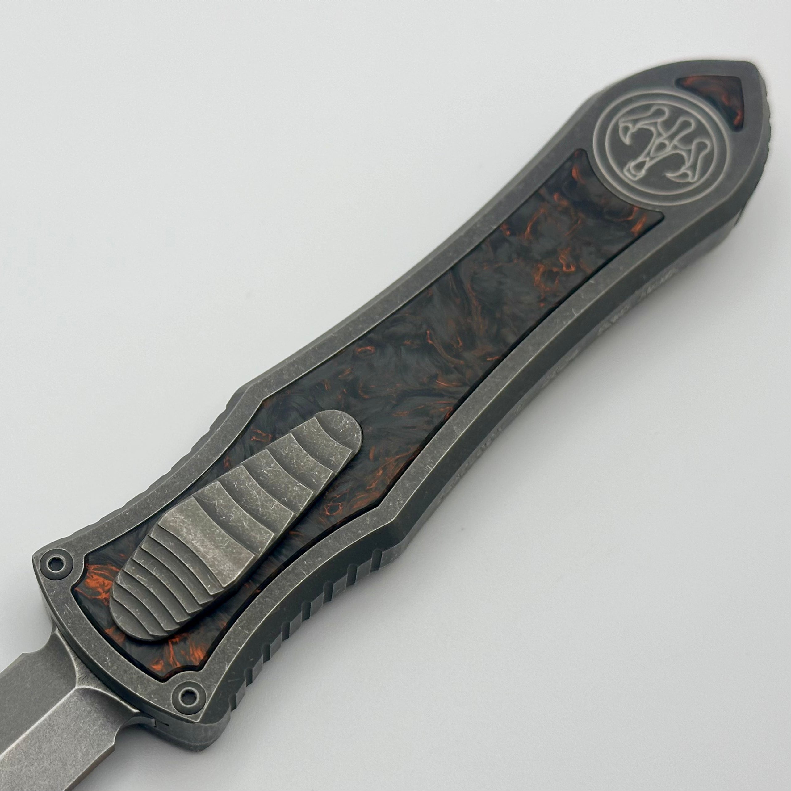 Hawk Designs Model C Deadlock Titanium w/ Orange Carbon Fiber & Stonewash MagnaCut Blade