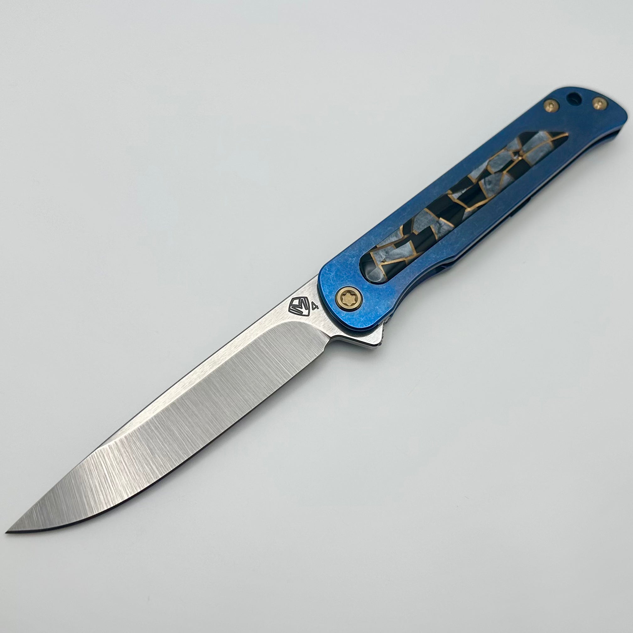 Medford T-Bone Blue Tumbled Titanium Framelock Flipper w/ Mosaic Inlaid Handles & Bronze Hardware w/ Tumbled S45VN Drop Point