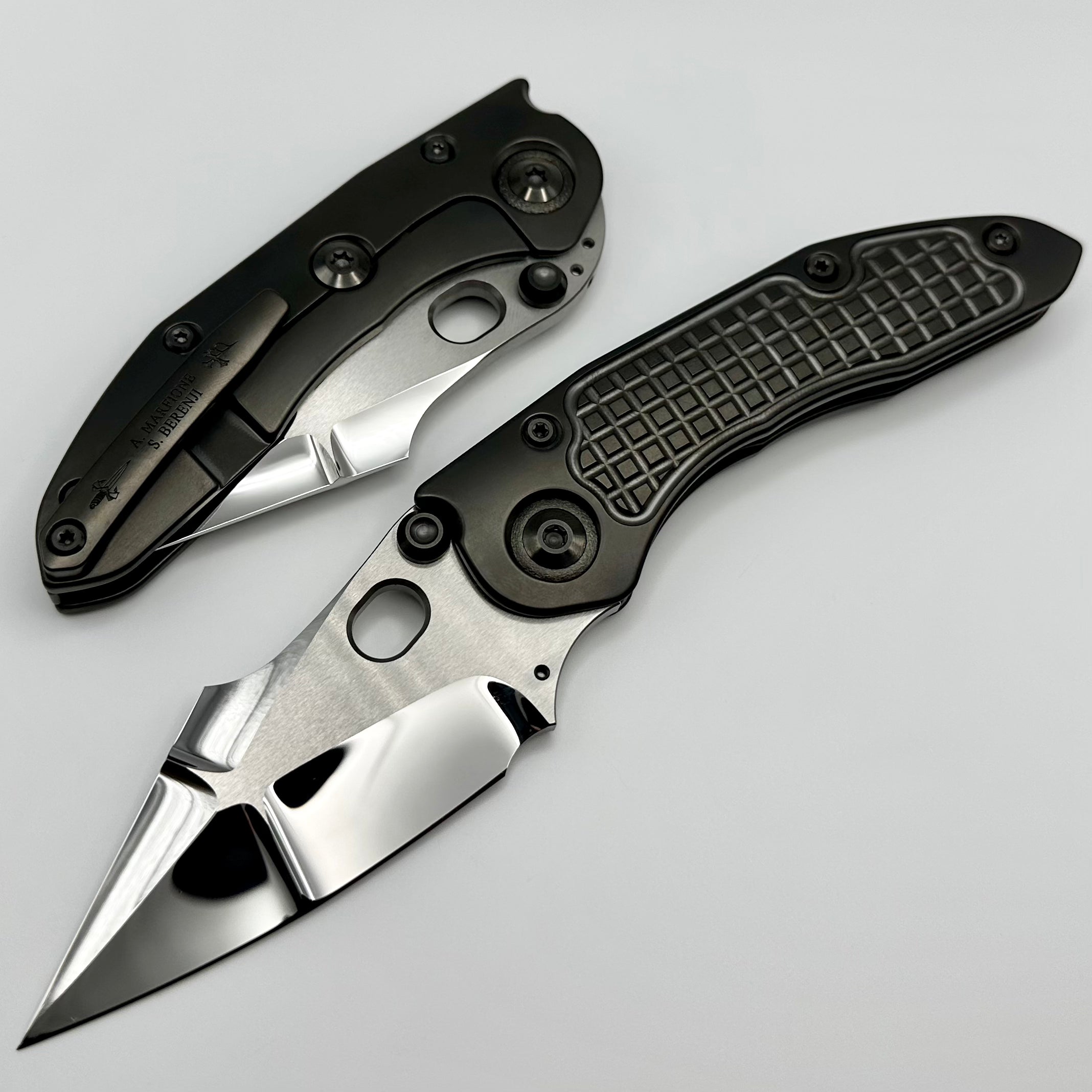 Marfione Custom Knives & Borka Blades Stitch Darkstar w/ Liquid Metal Double Star Grind M390 & DLC Frag Titanium