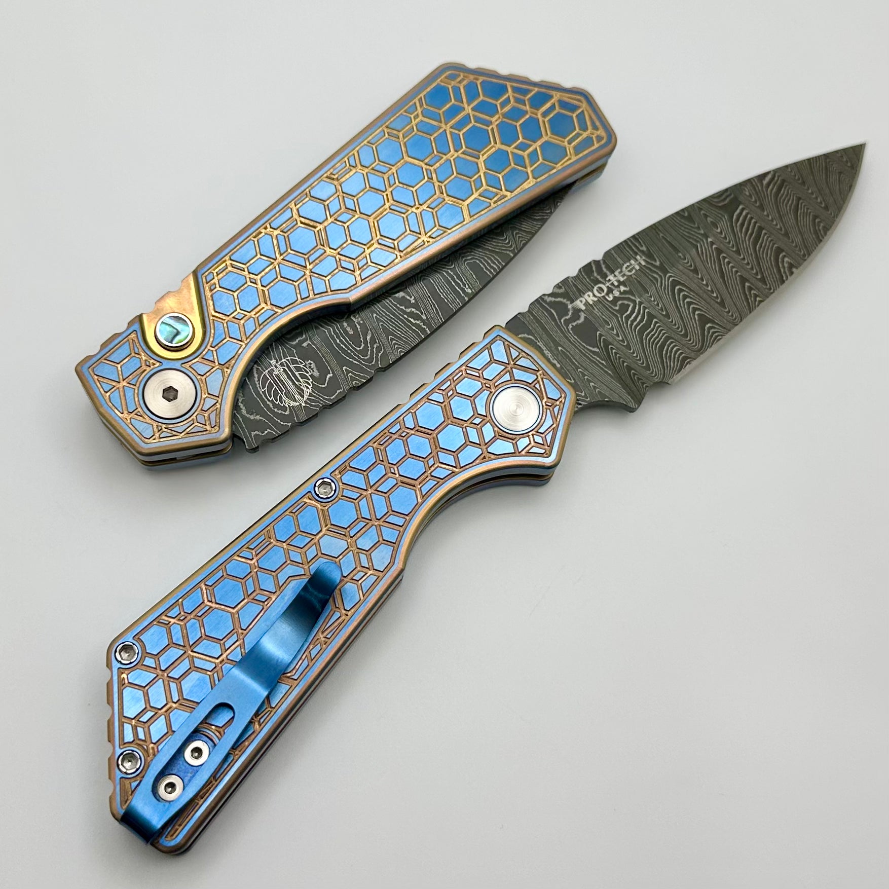 Pro-Tech PT Plus 2 Tone Ti Blue/Gold Gridlock Handle w/ Abalone Button & Damascus Blade 2024 Custom 006