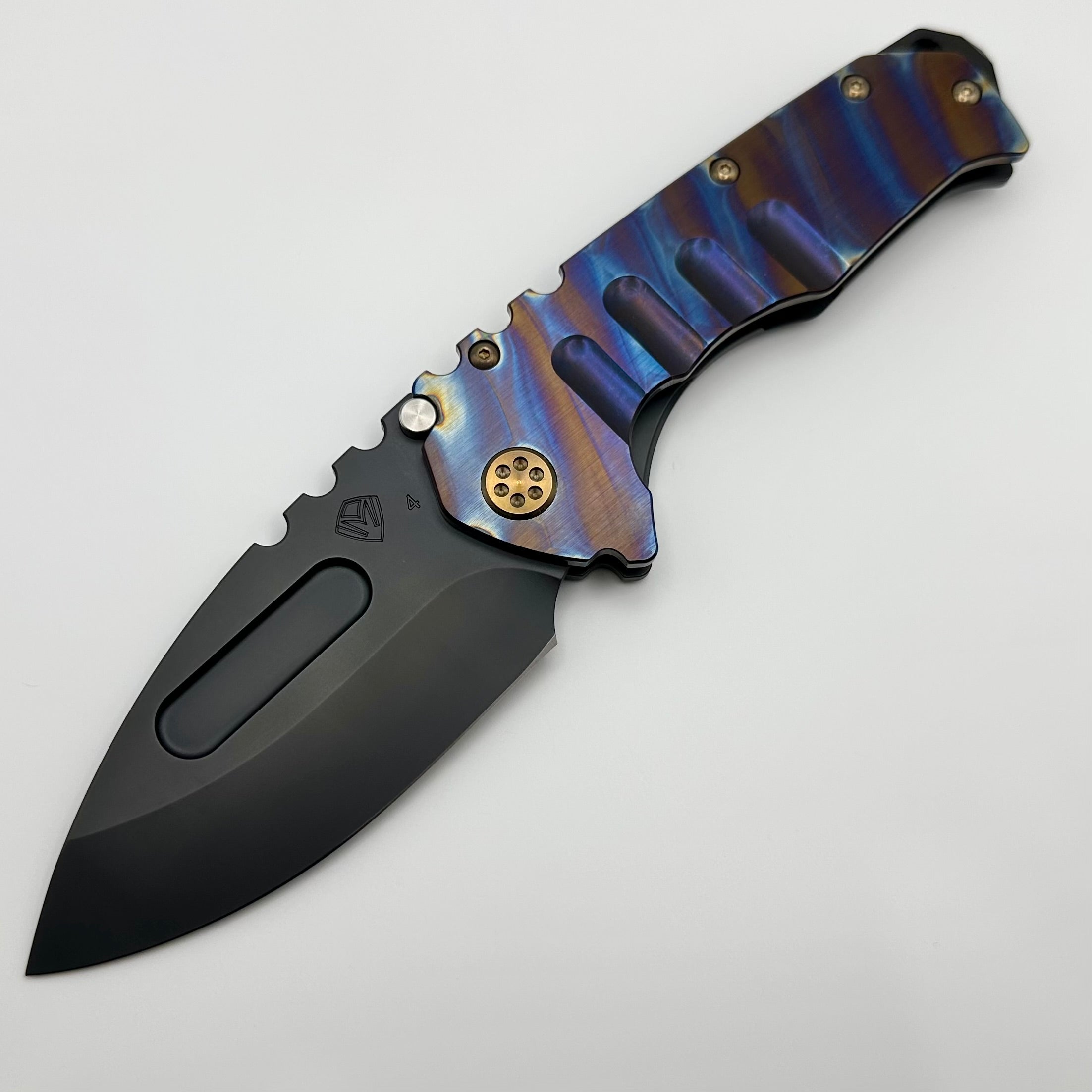 Medford Knife Praetorian T Drop Point DLC S45VN & Flame Stripes/DLC Handles w/ Bronze Hardware/Clip