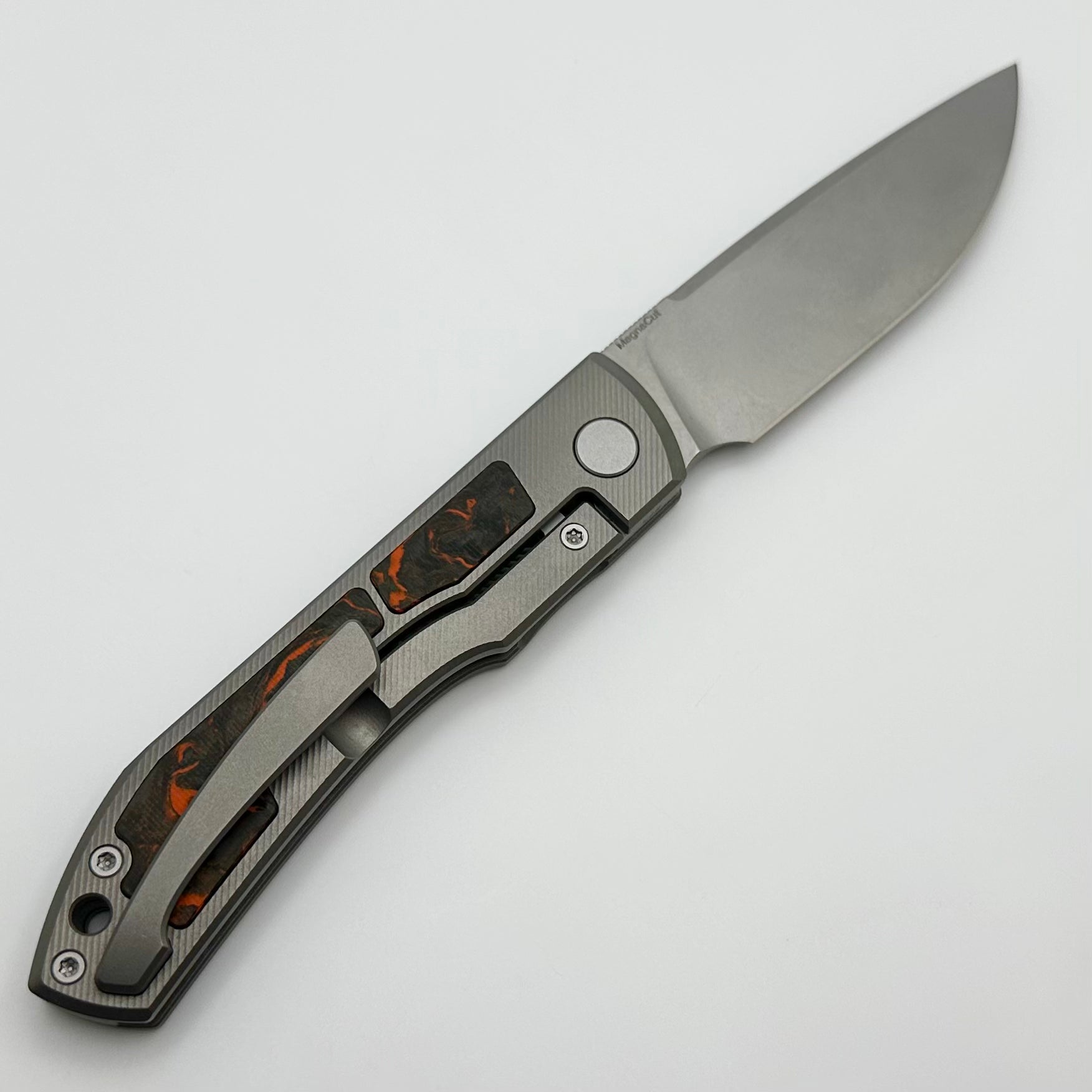 Uldanov Custom Knives Sierra w/ Milled Titanium/Orange Dark Matter Carbon Fiber Inlays & MagnaCut Front Flipper #73