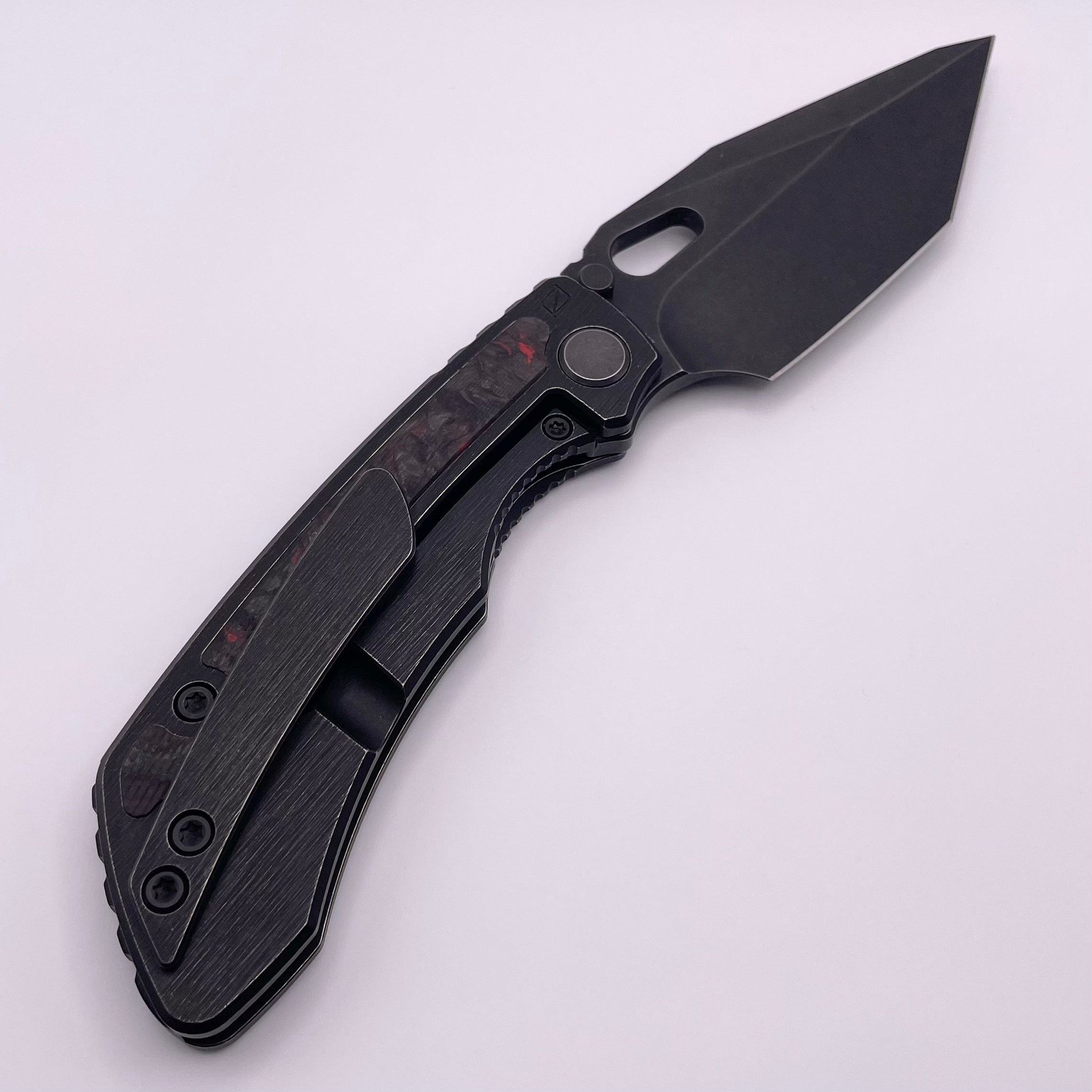 PRE OWNED Custom Knife Factory Rotten Design Evo T Carbon Fiber Inlaid Blackwash Handles w/ Blackwash S90V