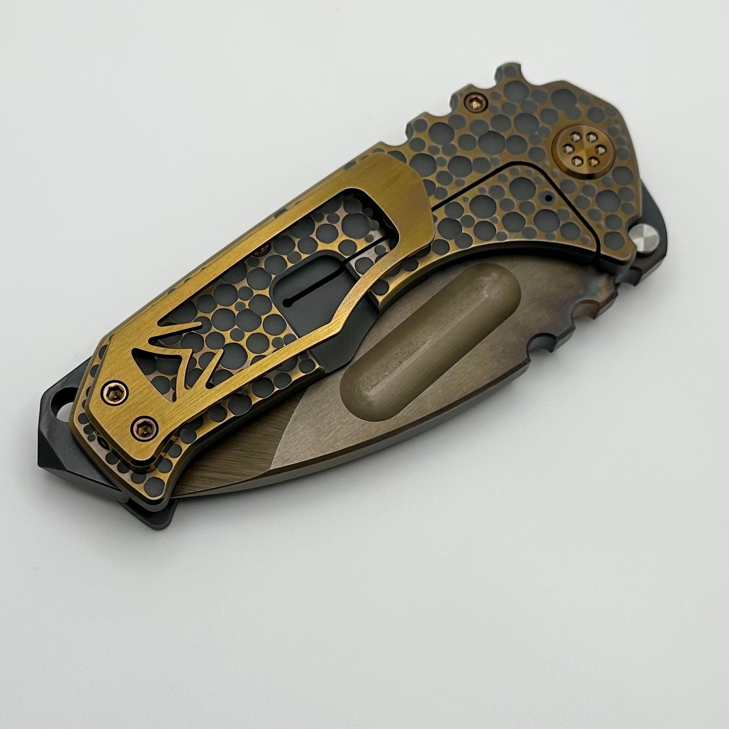 Medford Knife Praetorian TI S35 Vulcan Drop Point & Bead Blast Cement Bronze Dimples Sculpting w/ Bronze Hardware/Clip