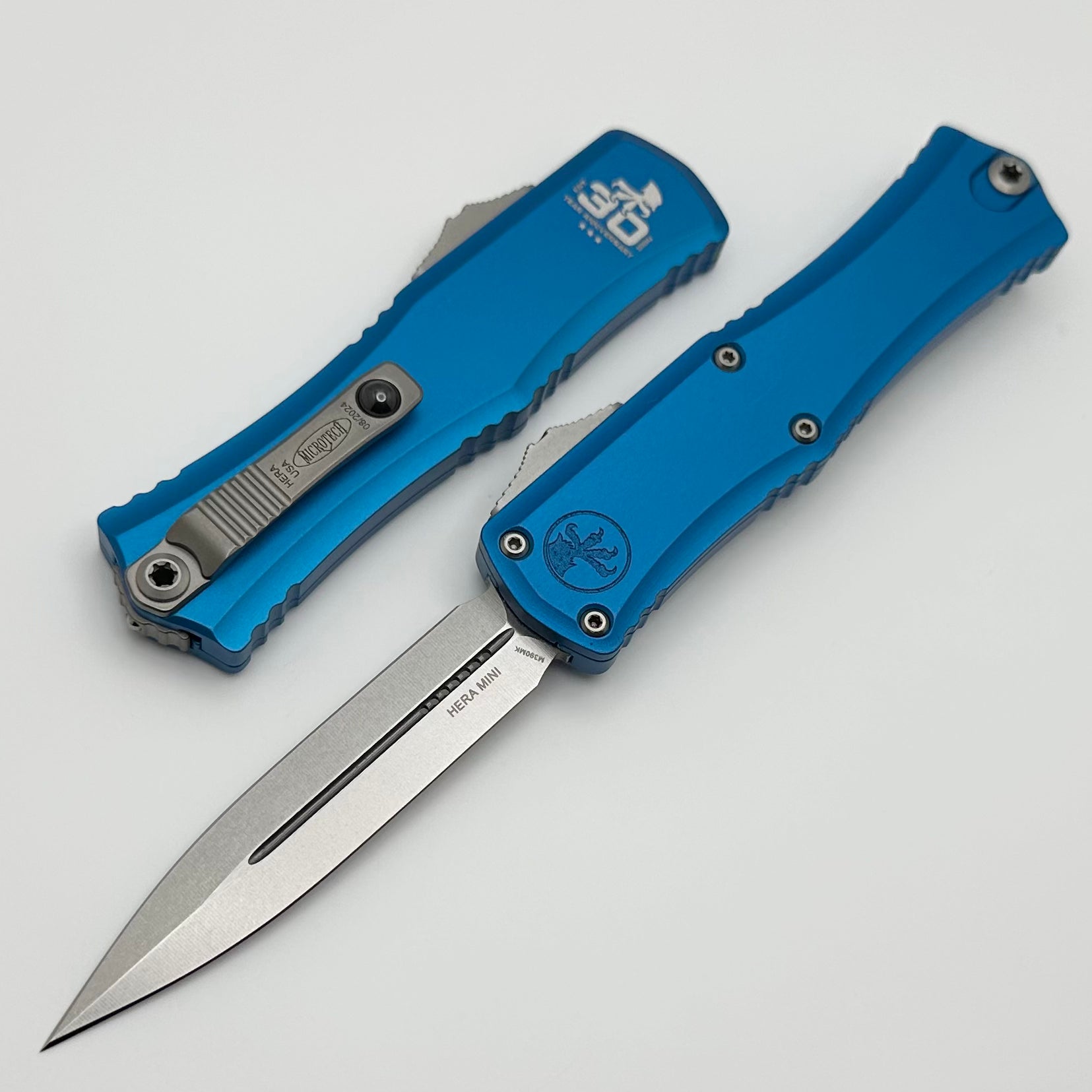 Microtech Knives Mini Hera 30th Anniversary Stonewash D/E M390MK w/ Blue Handle 1702M-10BL30