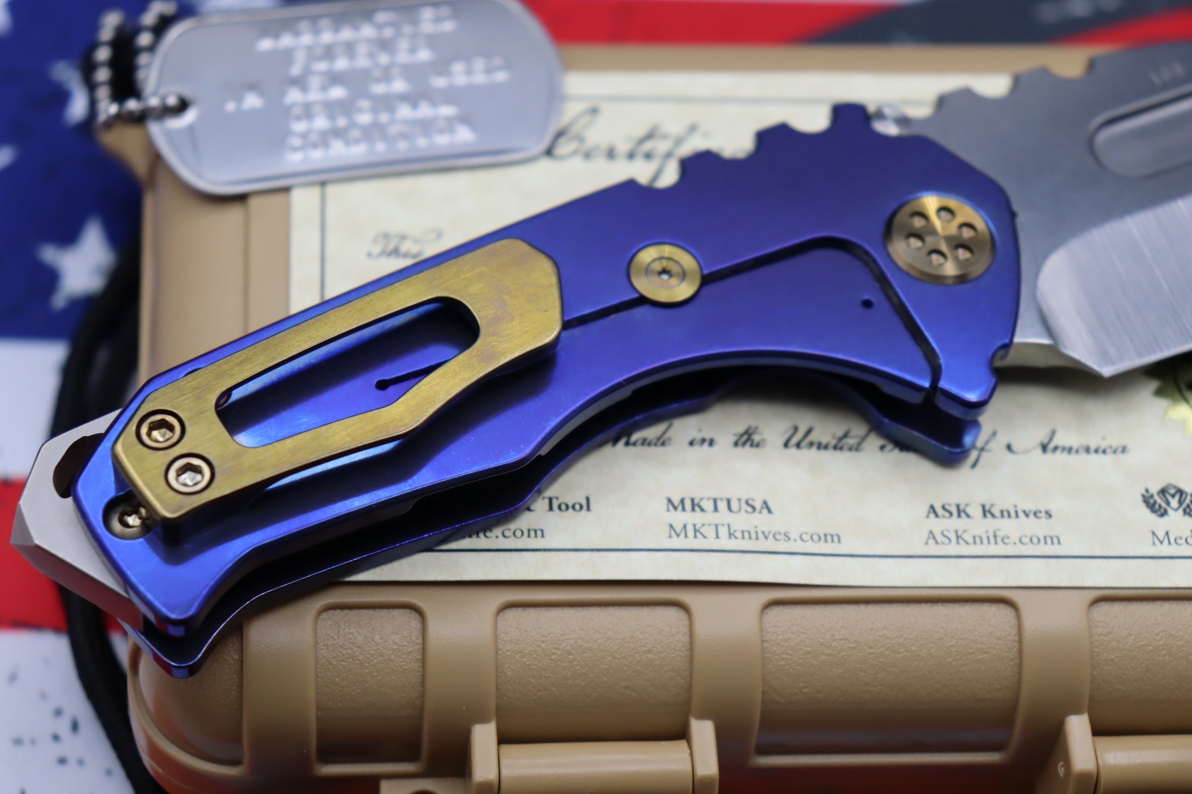 Medford Praetorian Genesis T Satin with Blue/Gold & Drop Point CPM-S35VN