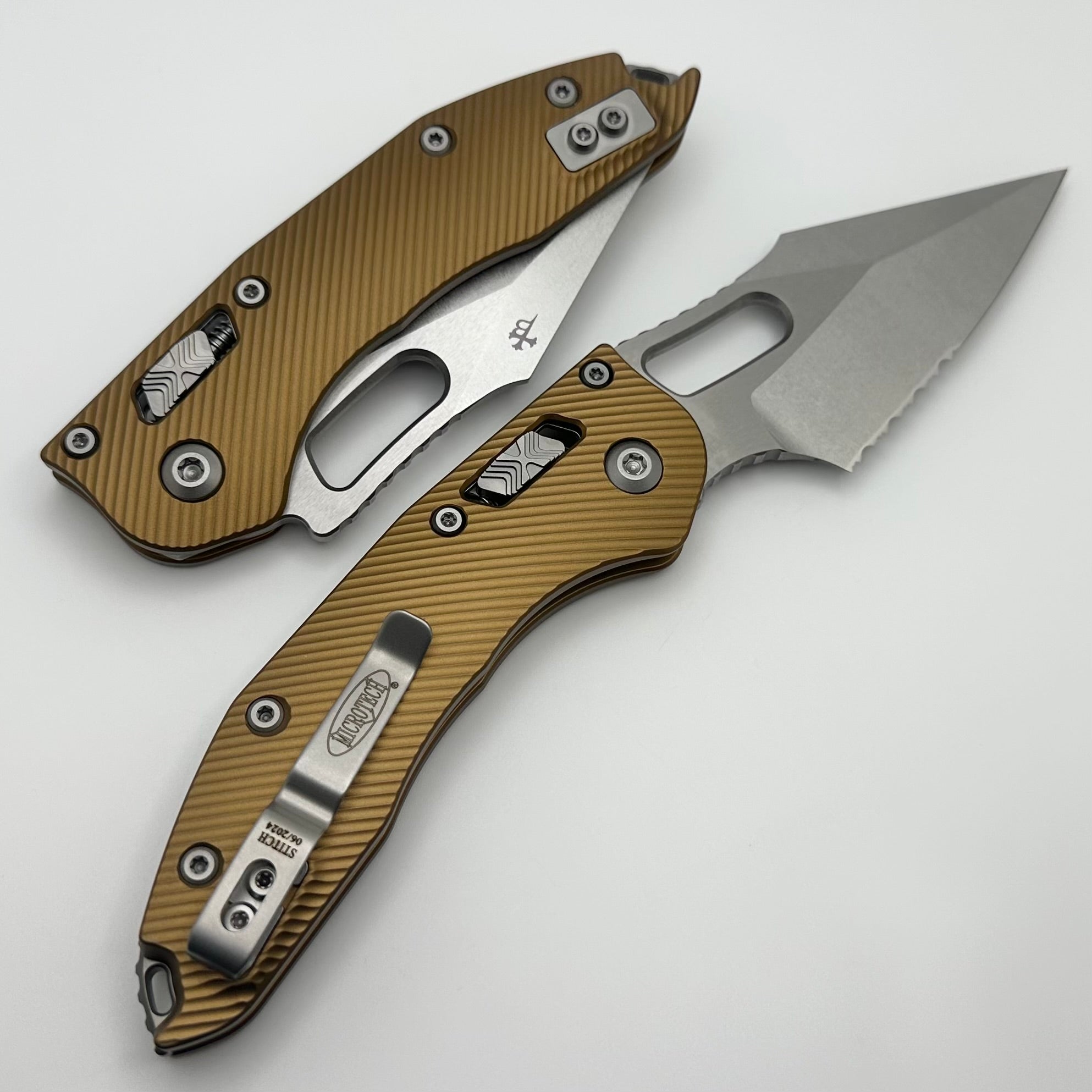 Microtech Knives Manual Stitch RAM LOK Fluted Tan Aluminum & Partial Serrated M390MK 169RL-11FLTA