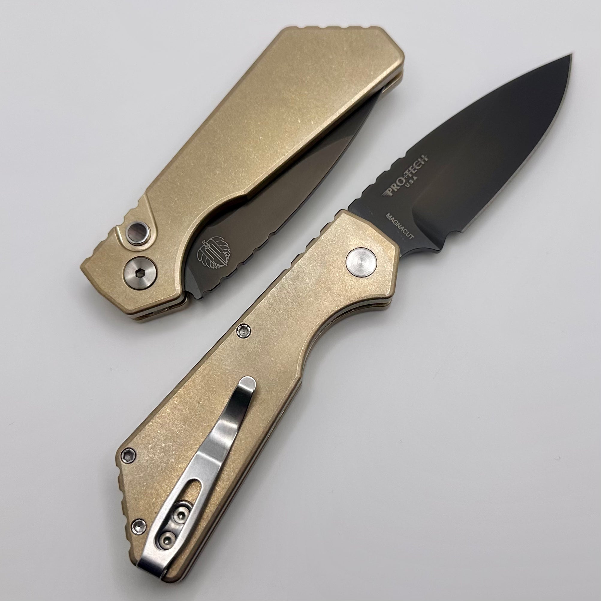 Pro-Tech PT Plus Stonewash ALBronze Handle w/ Mother of Pearl Button & Smokey Gray DLC MagnaCut Blade PT232 Custom