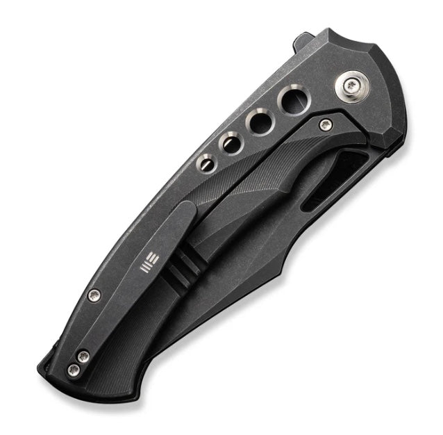 We Knife Swiftfin Black Titanium Handles w/ Satin Holes & Black Stonewash 20CV WE23051-1