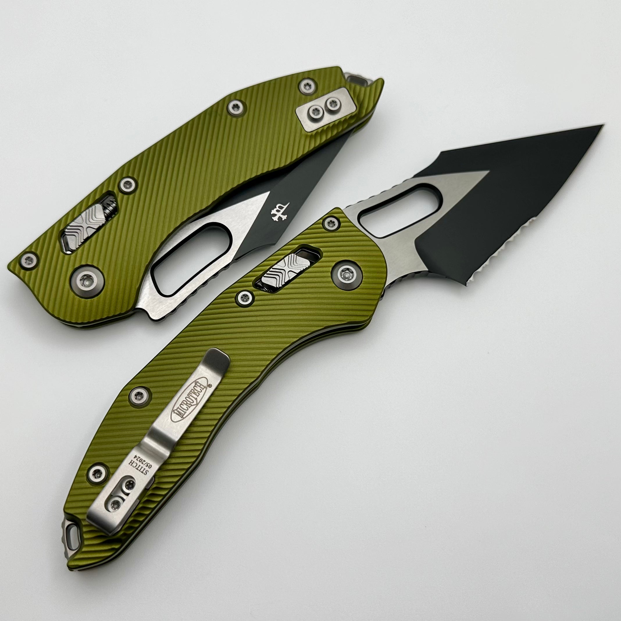 Microtech Knives Manual Stitch RAM LOK Fluted OD Green Aluminum & Two Tone Black Partial Serrated M390MK 169RL-2FLOD