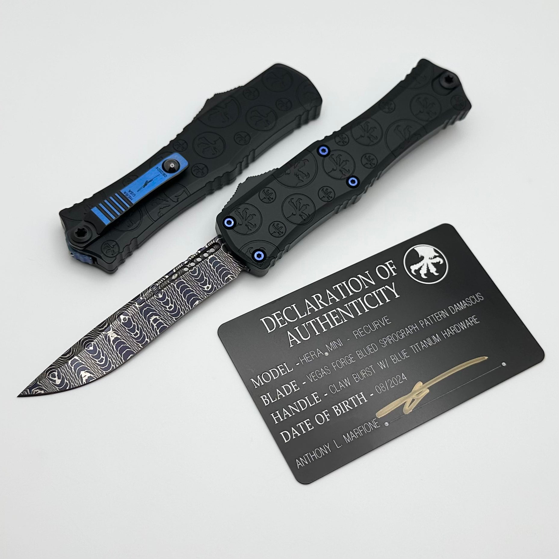 Microtech Knives Hera II Mini Vegas Forge Blued Spirograph Damascus Recurve & Deep Engraved Claw Burst Handle w/ Blue Ti Hardware Signature Series 1705M-16MS1