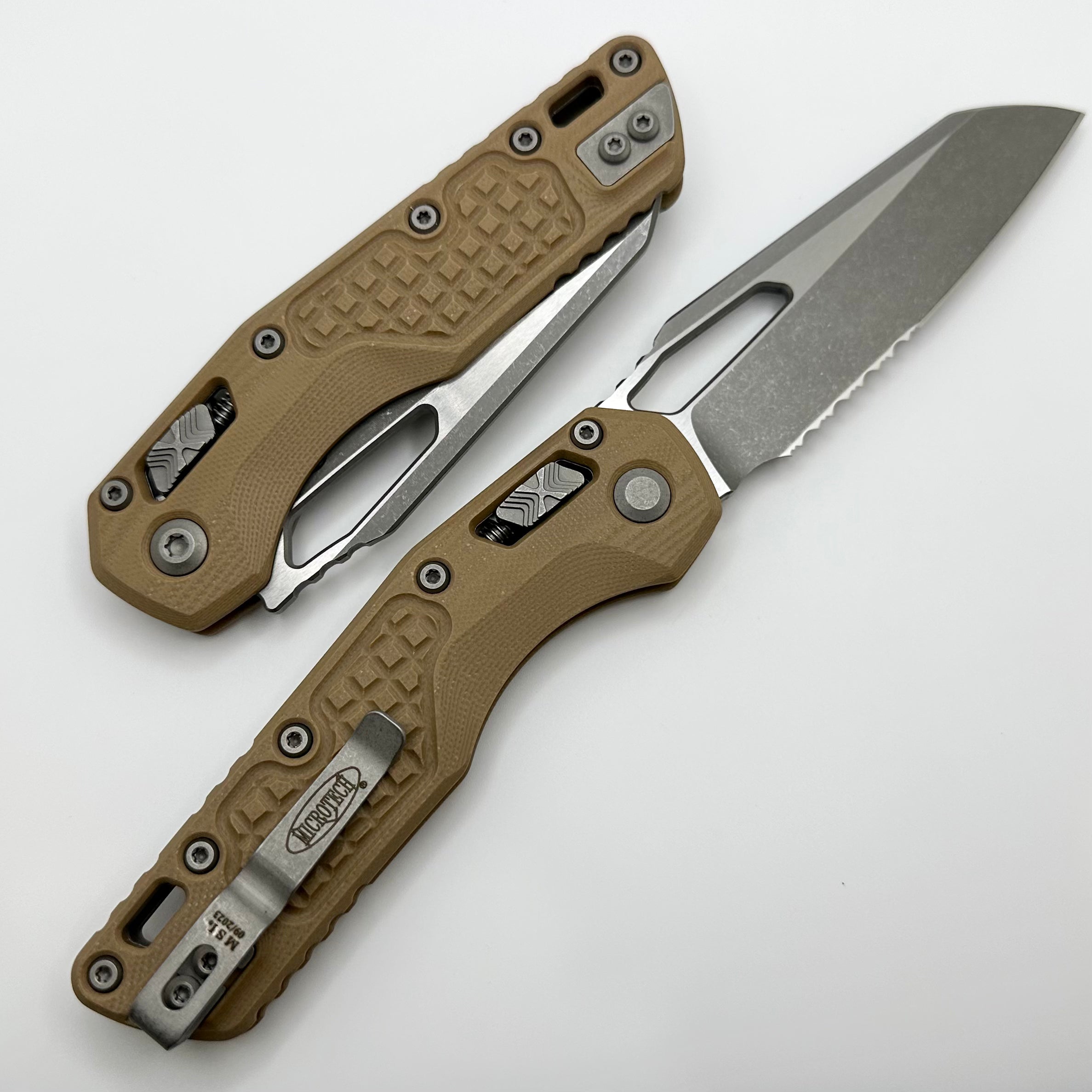 Microtech Knives MSI RAM LOK Frag Tan G-10 & Partial Serrated M390MK Apocalyptic Standard 210-11APFRGTTA