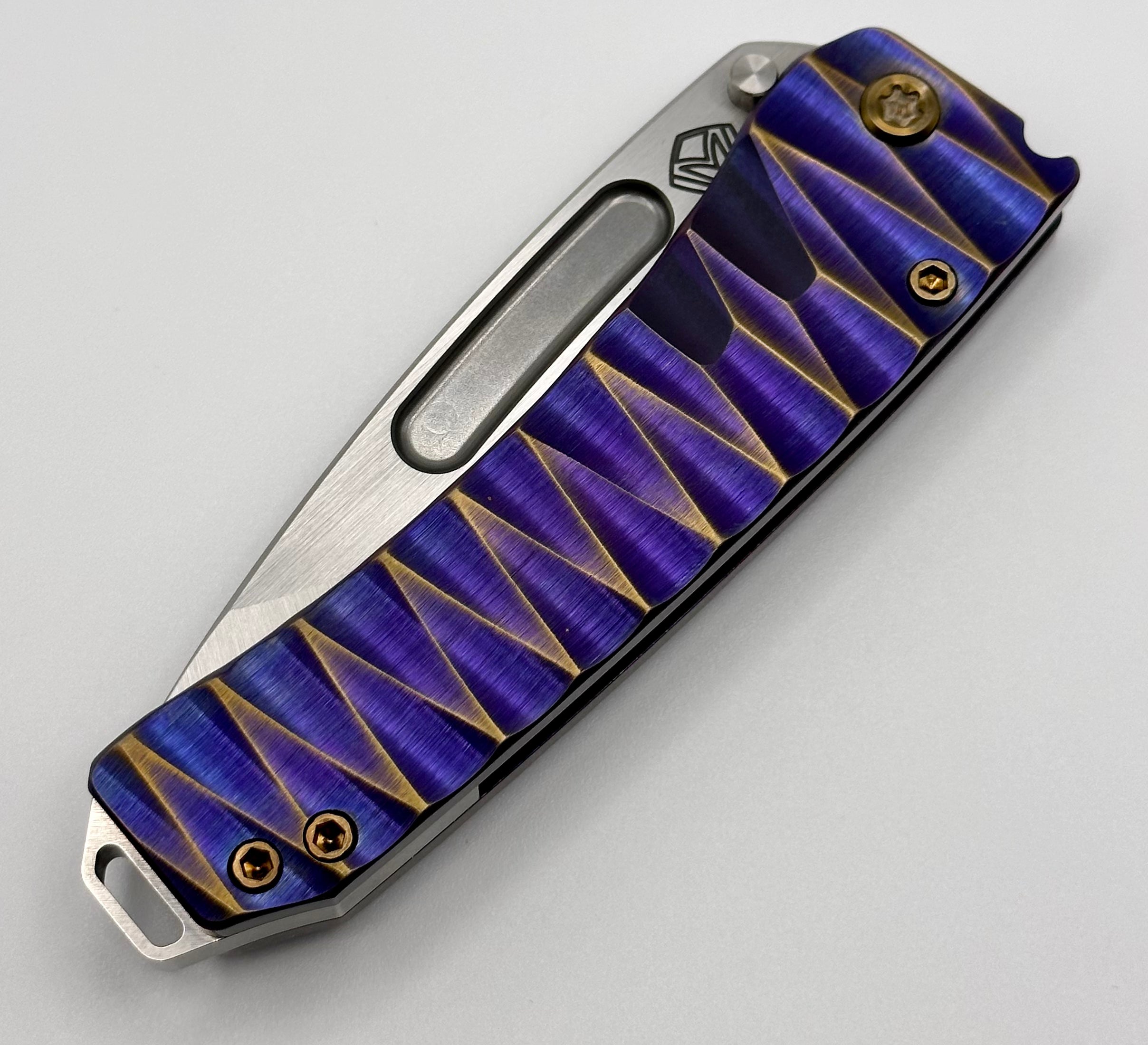 Medford Midi Marauder S45 Tumbled Drop Point & Violet/Bronze Lightning Sculpted Handles w/ Bronze Hardware/Clip