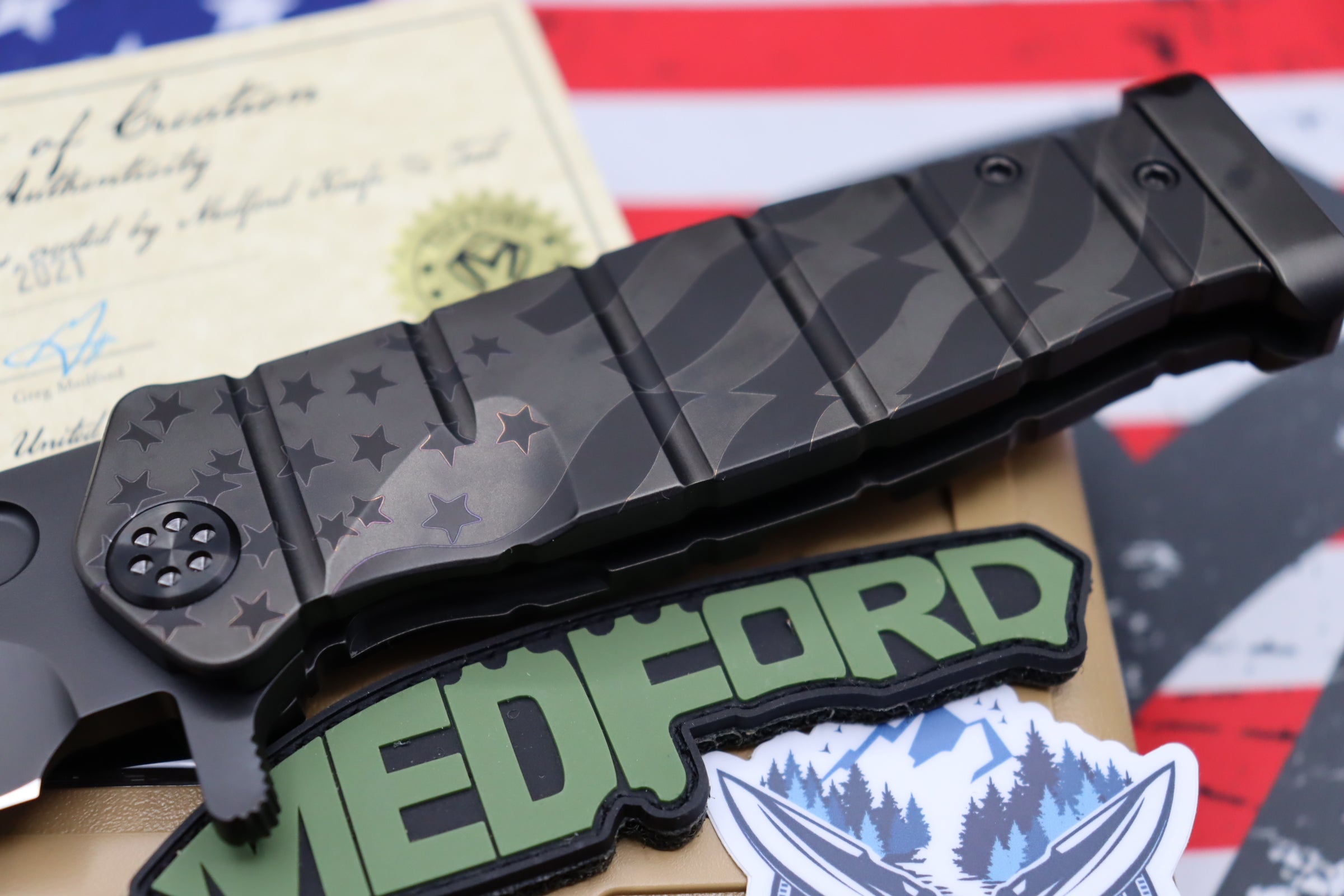 Medford Knife Fighter Flipper USMC PVD “Ghost American Flag” Engraved & PVD Hardware with PVD CPM-S35