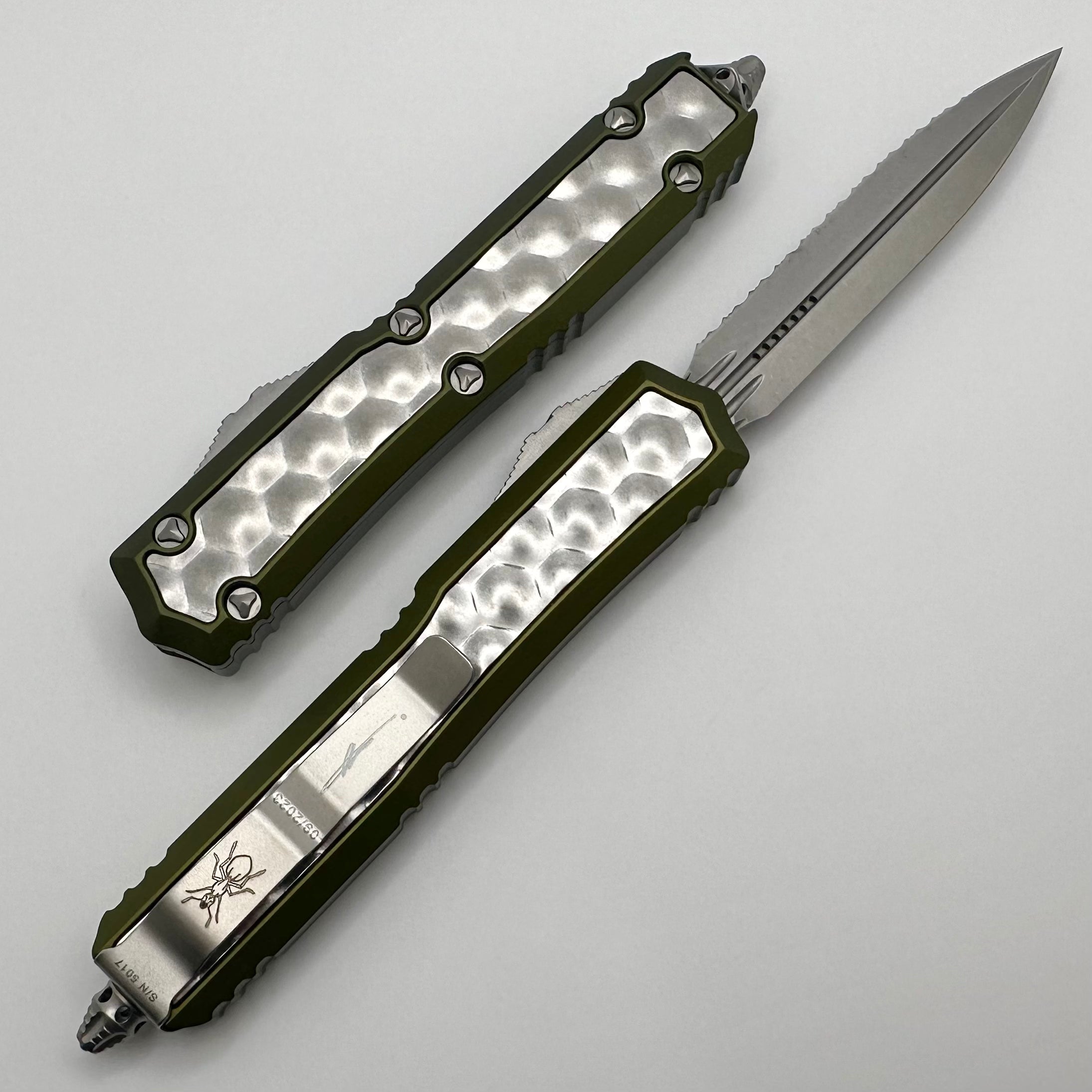 Microtech Makora OD Green w/ Stonewash Bubble Inlays & Stonewash Full Serrated Double Edge Signature Series 206-12ODBIS