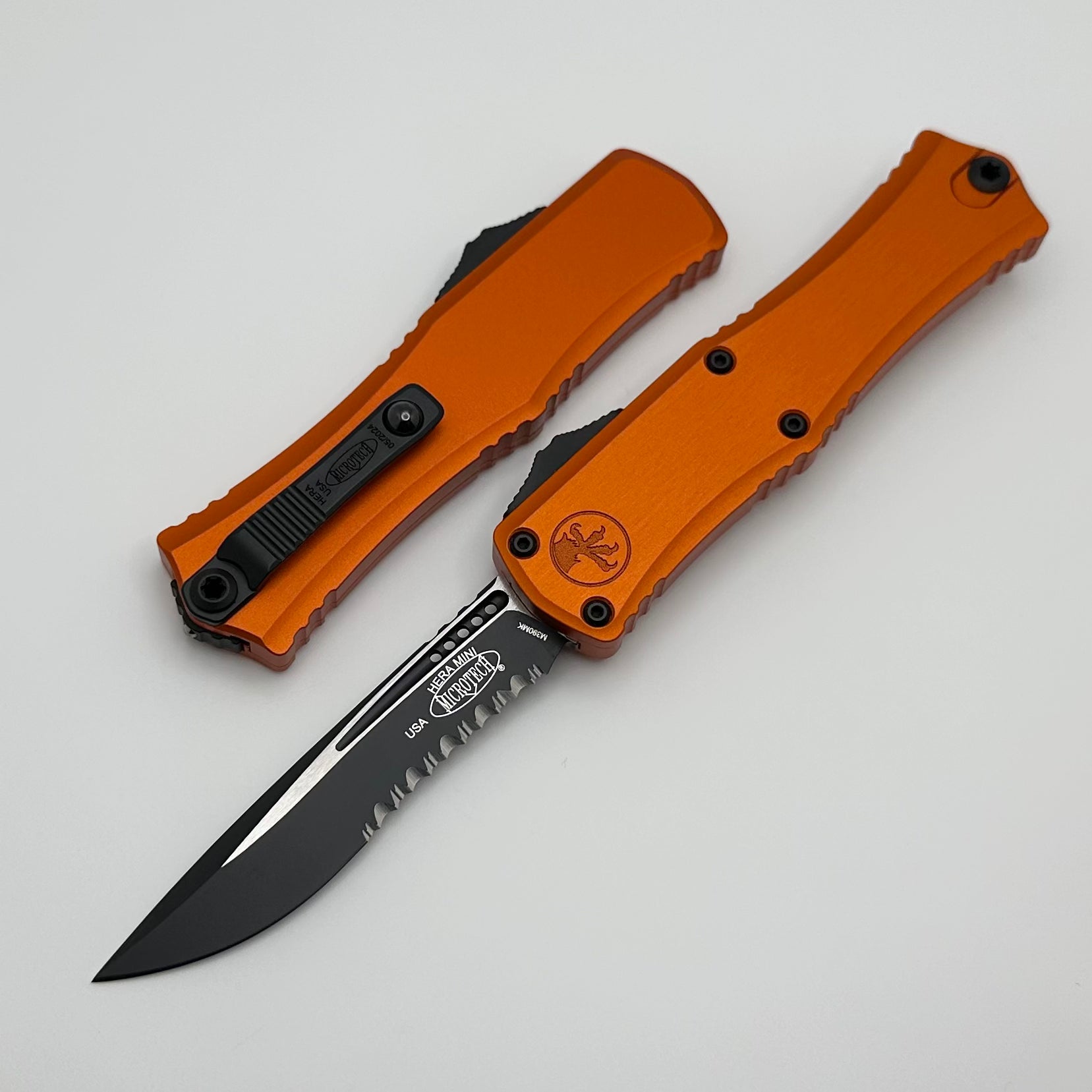 Microtech Knives Hera II Mini Black Partial Serrated Recurve M390MK w/ Orange Handle 1705M-2OR