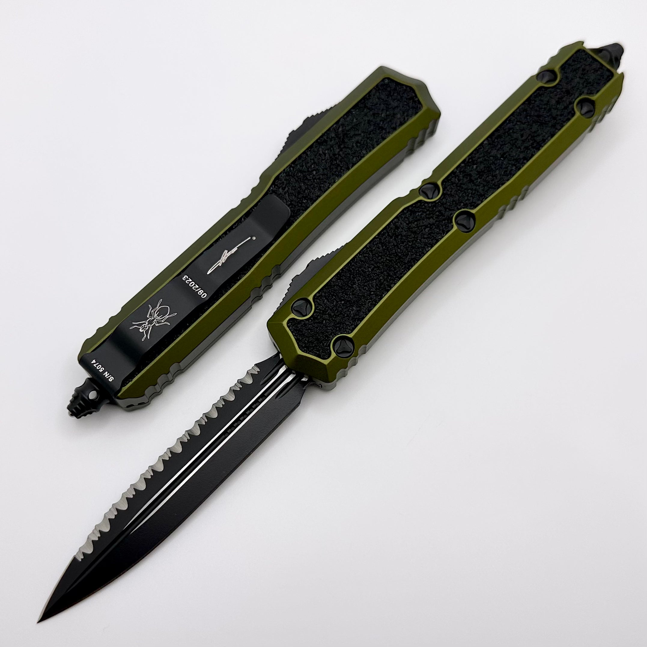 Microtech Makora OD Green & Black Double Edge Full Serrated Nickel Boron Internals Signature Series 206-3ODS