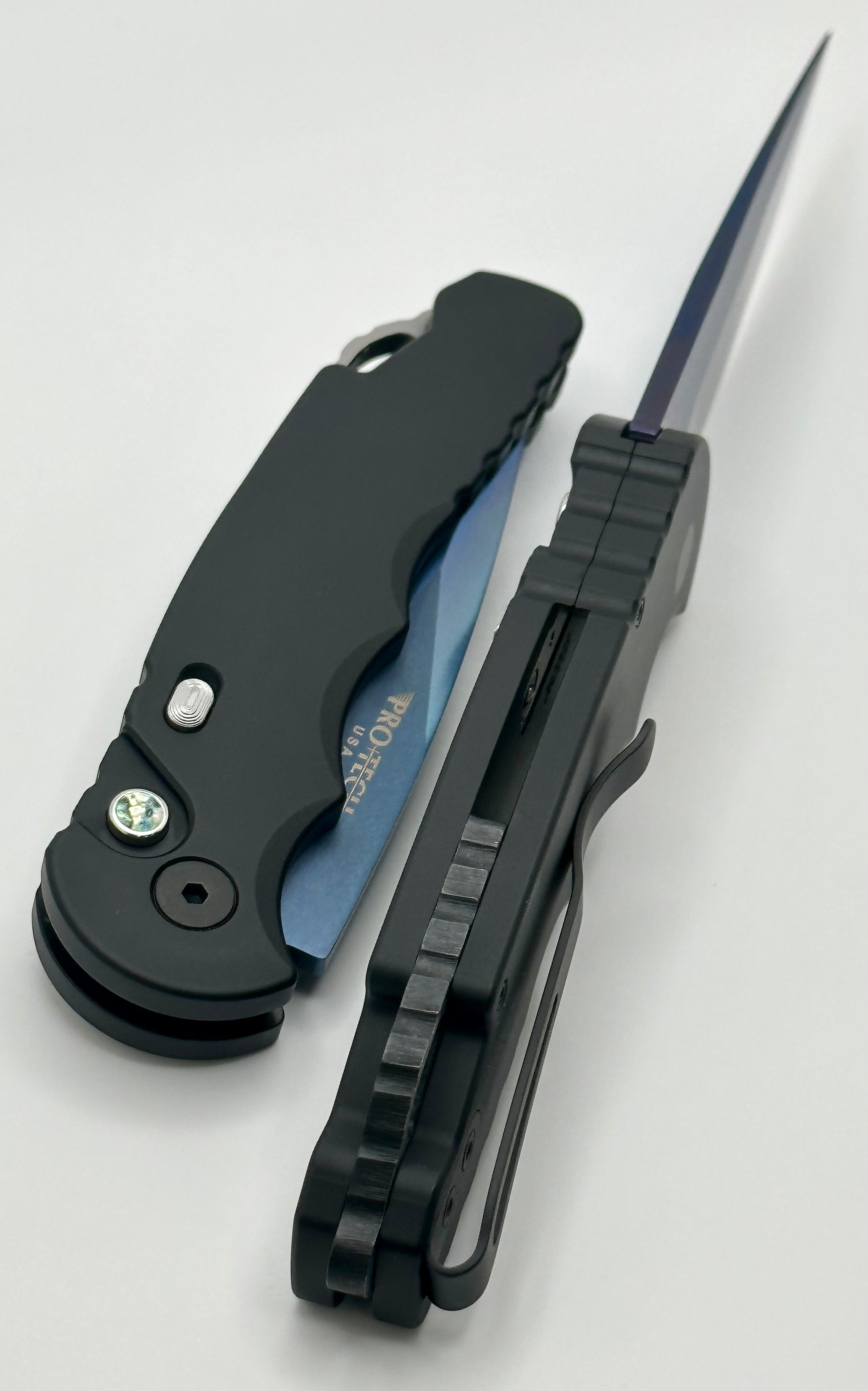 Pro-Tech TR-5 Black Handle w/ Sapphire Blue Blade & Abalone Button T503-SB Auto Limited