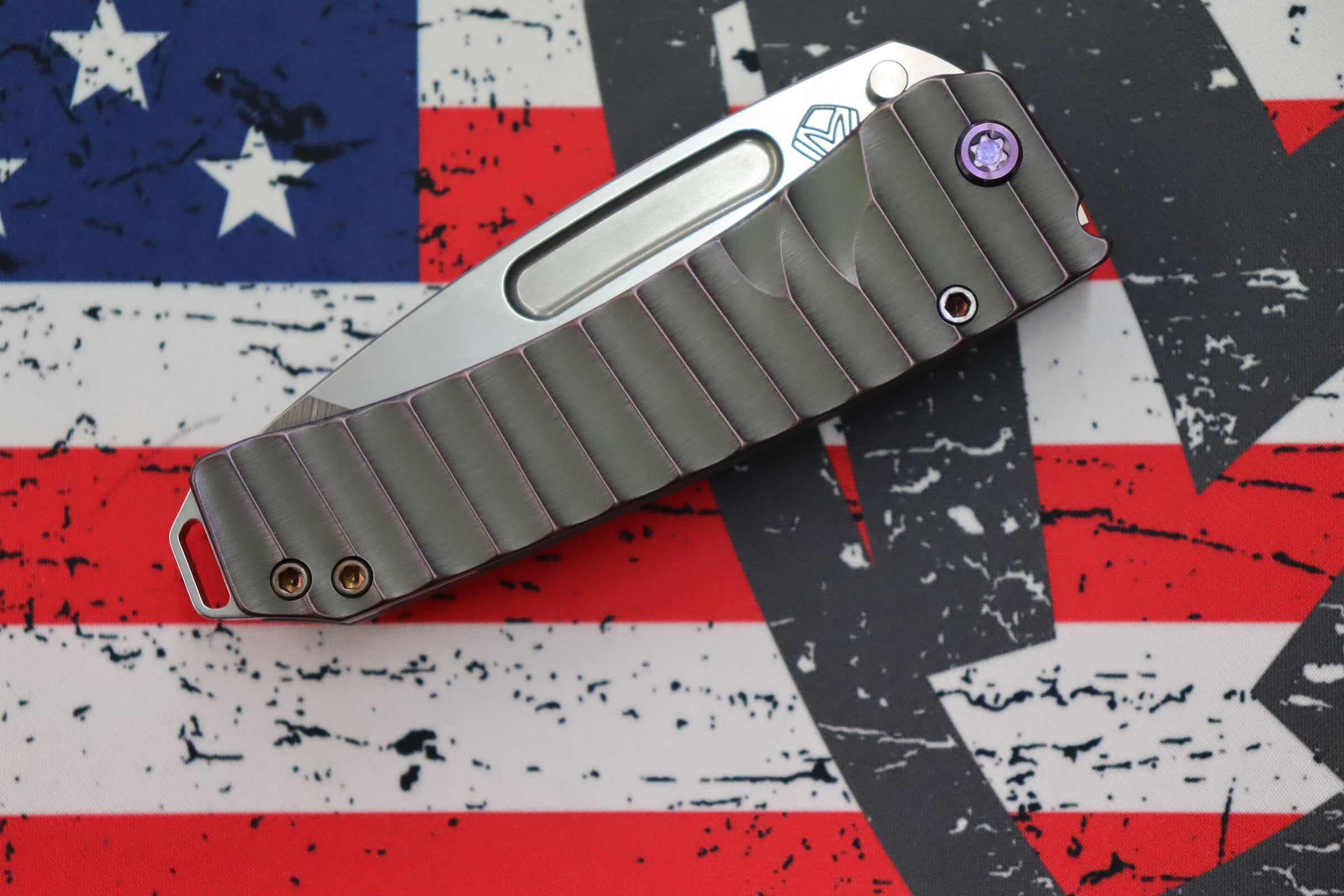 Medford Midi Marauder Tumbled S35 Tanto & Bead Blast Cement w/ Violet Mini Gator Belly Sculpted Handles w/ Violet Hardware/Clip