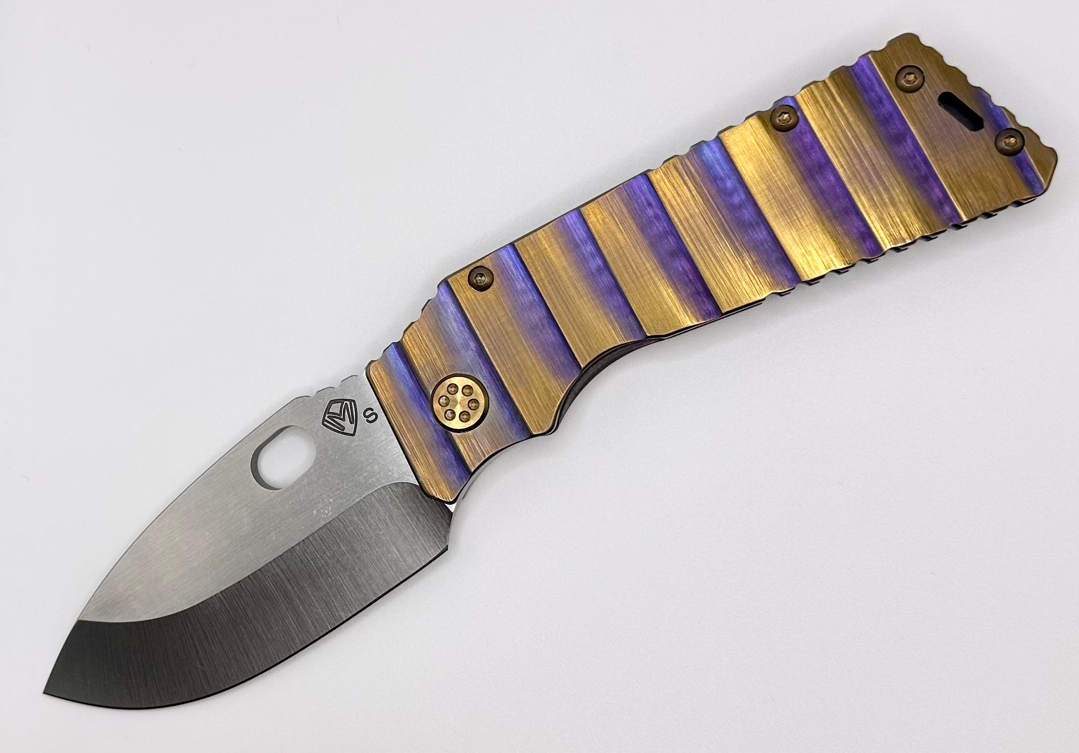 Medford TFF-1 Tumbled S35VN w/ Violet/Bronze Armadillo Sculpted Handles & Bronze Hardware/Clip