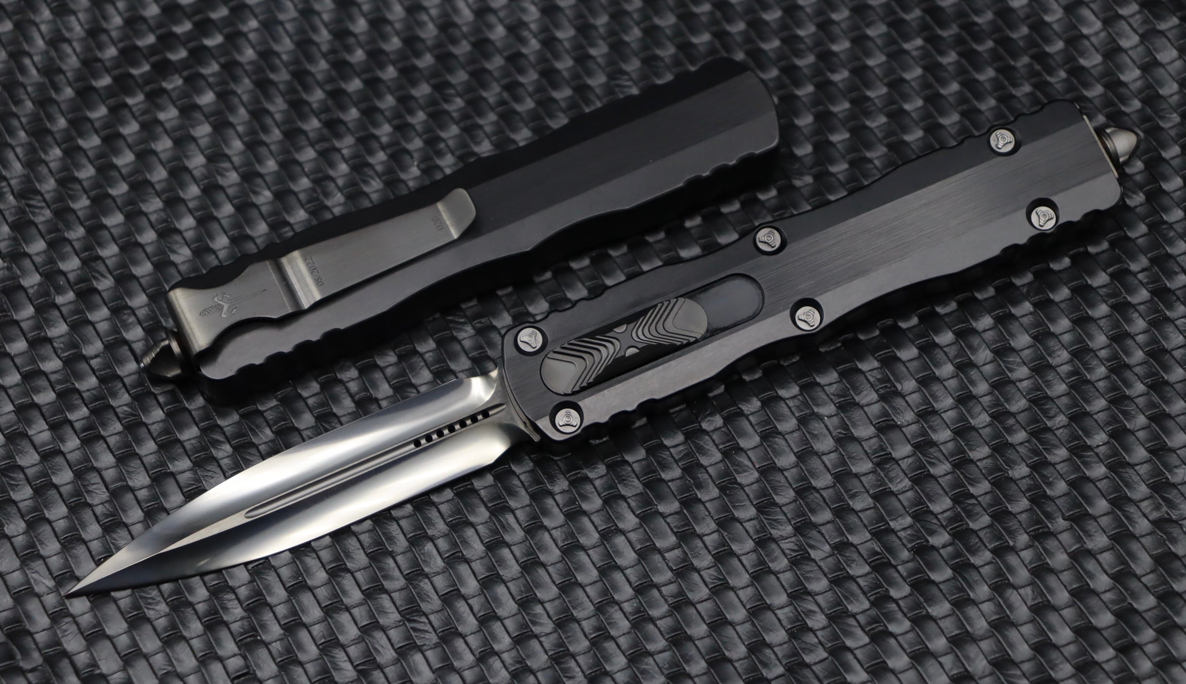 Marfione Custom Knives Dirac Delta D/E DLC Diamond Wash Finish w/ Hefted Black Handle & DLC Ringed Hardware