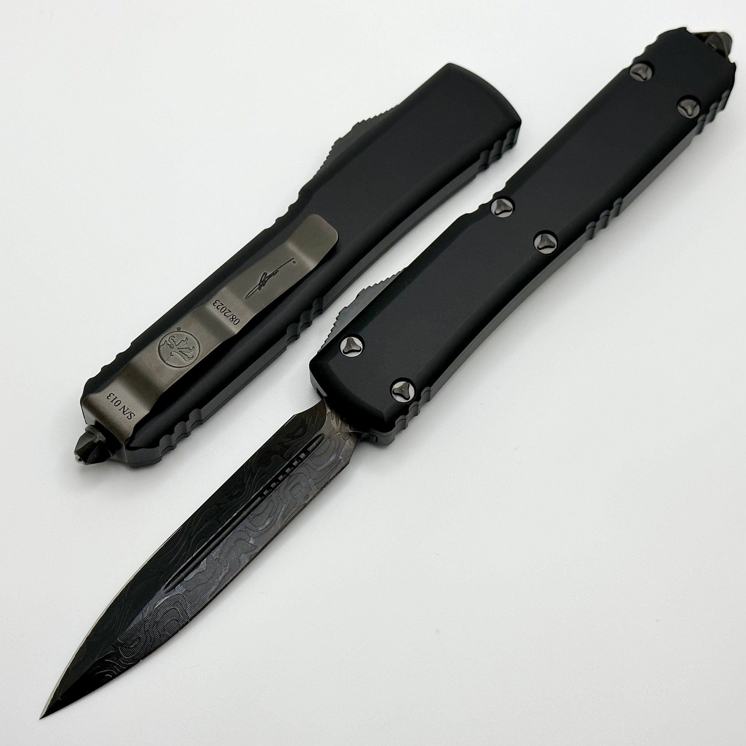 Microtech Ultratech DLC Damascus Pattern #1 Double Edge Shadow Signature Series 122-16DLCTSH