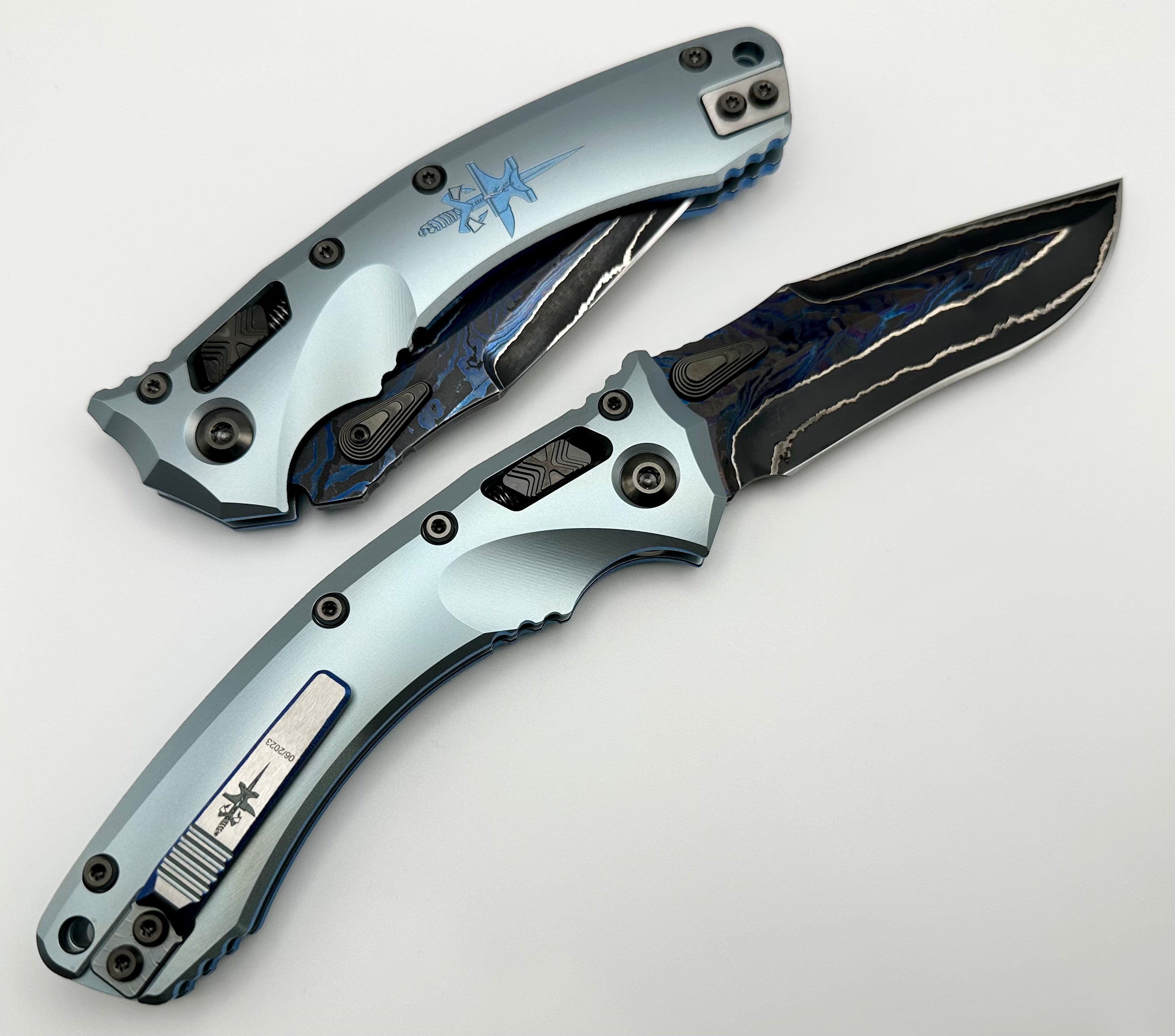 Marfione Custom Knives Amphibian RAM-LOK Metroid Broken Anvil Damascus & Ice Blue Stippled Titanium w/ Joint Logo Dagger Engraved