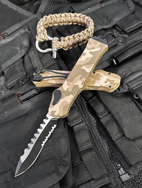 Heretic Hydra V3 Tan Camo Aluminum Handle & Serrated Two Tone Cerakote Recurve MagnaCut H008-10B-TCAMO