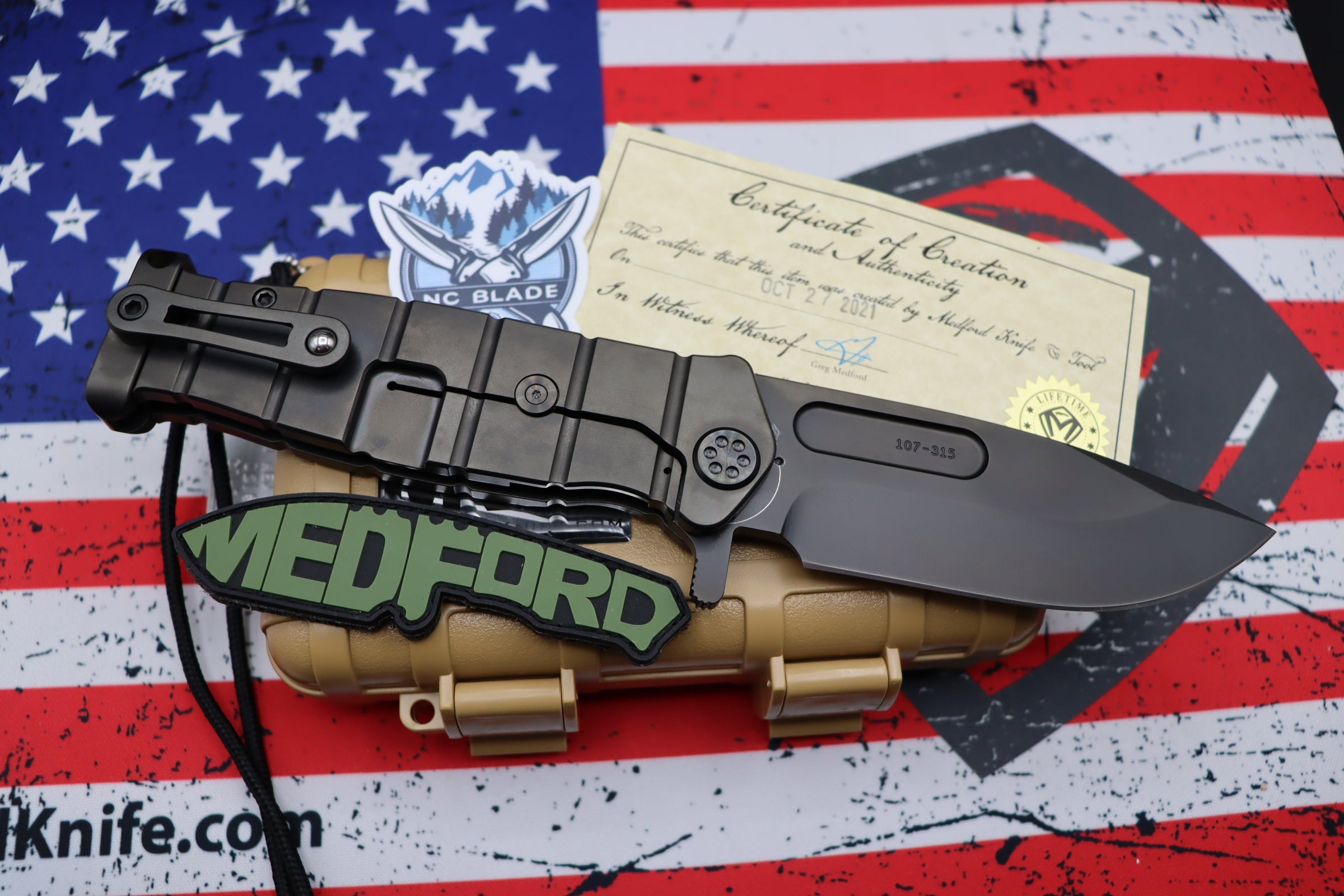 Medford Knife Fighter Flipper USMC PVD “Ghost American Flag” Engraved & PVD Hardware with PVD CPM-S35