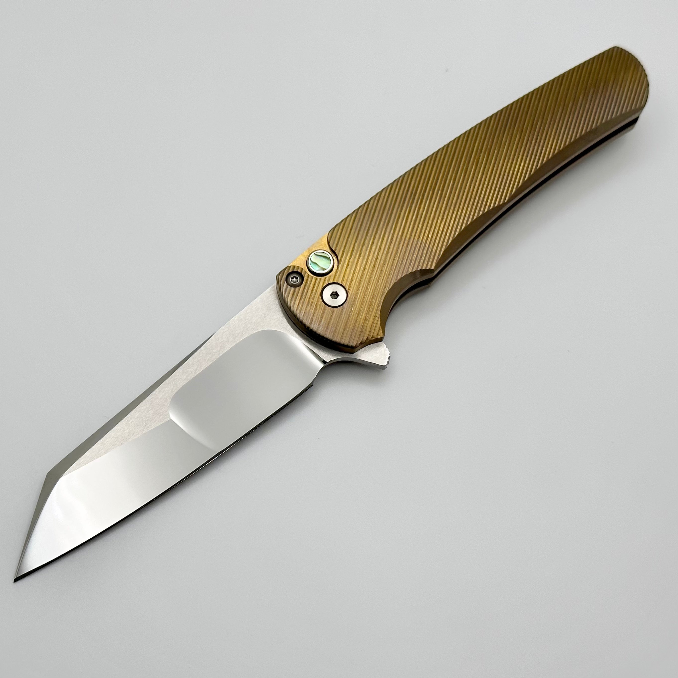 Pro-Tech Malibu Bronze Ano Titanium Handle w/ Abalone Button & Mike Irie Hand Ground Mirror Reverse Tanto Blade 2023 Custom 007