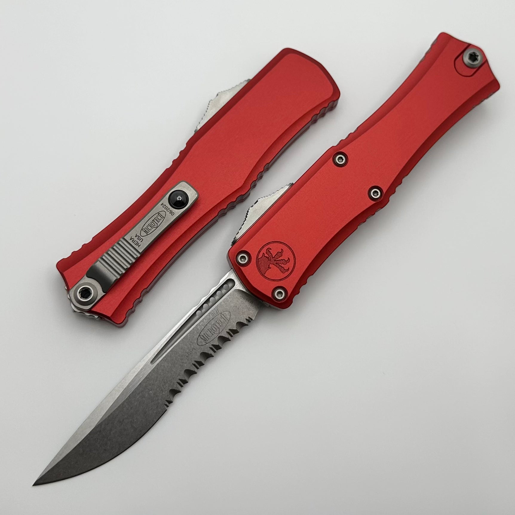 Microtech Knives Hera II Mini Stonewash Partial Serrated Recurve M390MK w/ Red Handle 1705M-11RD