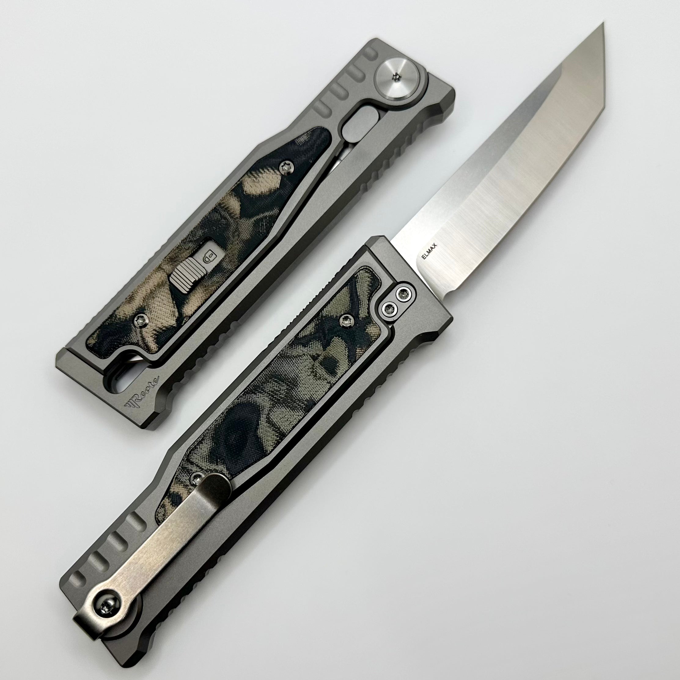 Reate EXO M Burl Linen Camo Micarta & Satin Tanto