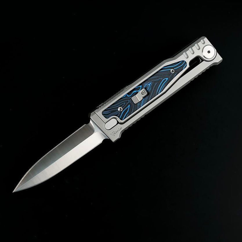 Reate EXO M Blue/Black Damascus Pattern G-10 & Satin/Stonewash Double Edge