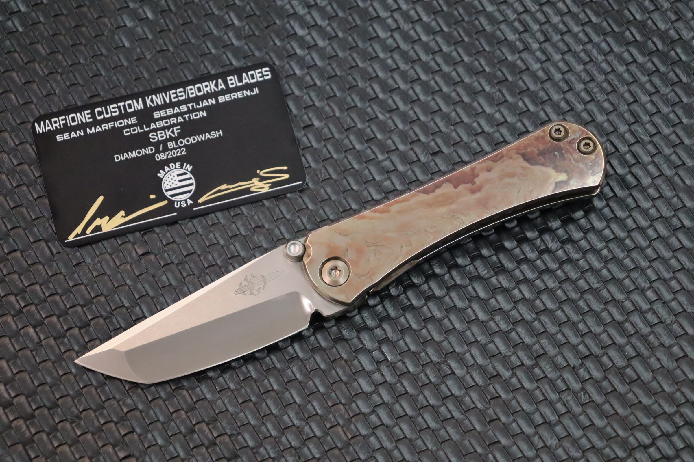 Marfione Custom Knives & Borka Blades Collaboration SBTF Diamond Finished M390 Blade & Bloodwash Scales