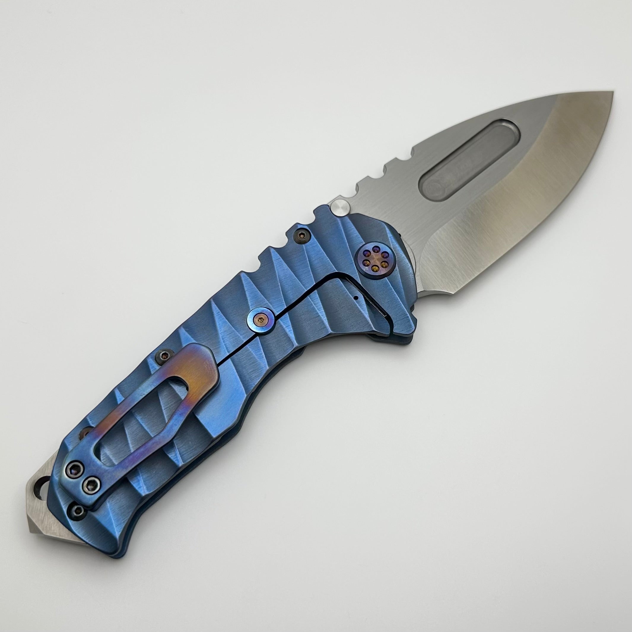 Medford Knife Praetorian T Drop Point Tumbled S45 & Bead Blast/Blue Lightning Handles w/ Flamed Hardware/Clip