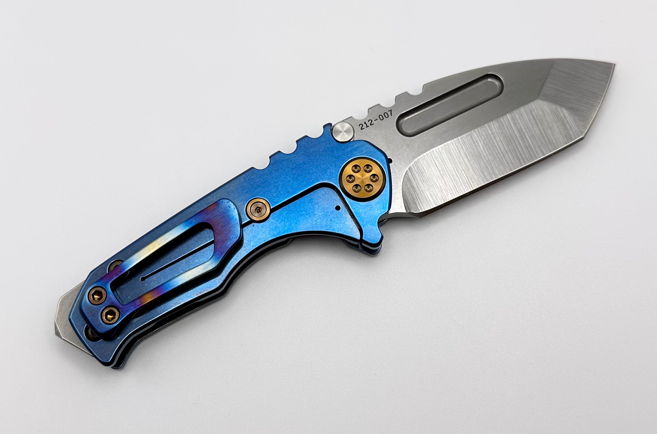 Medford Micro Praetorian T w/ S45 Tumbled Tanto & Blue Rip Curl Flamed Handles w/ Bronze Hardware