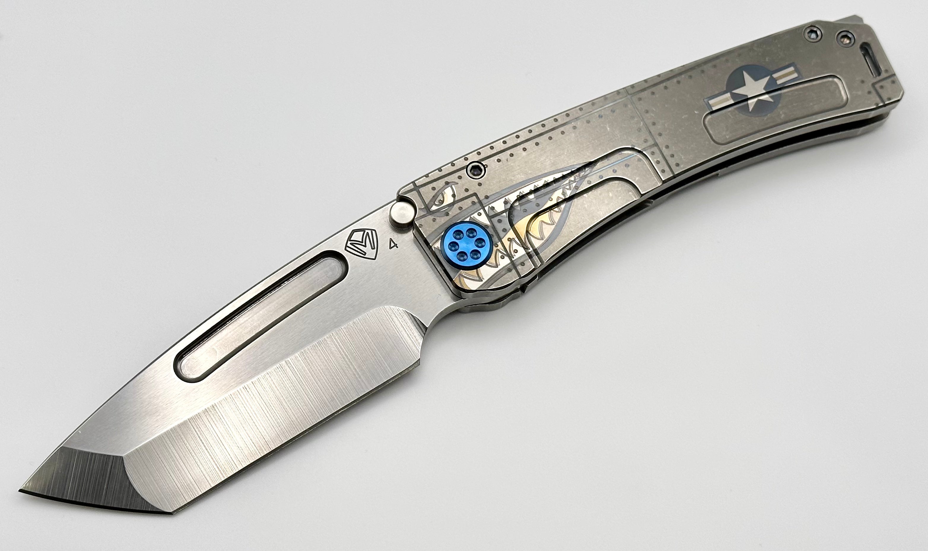 Medford Marauder H Tumbled Tanto S45 w/ Tumbled Aviation/Rivets Handles & Blue Hardware/Clip