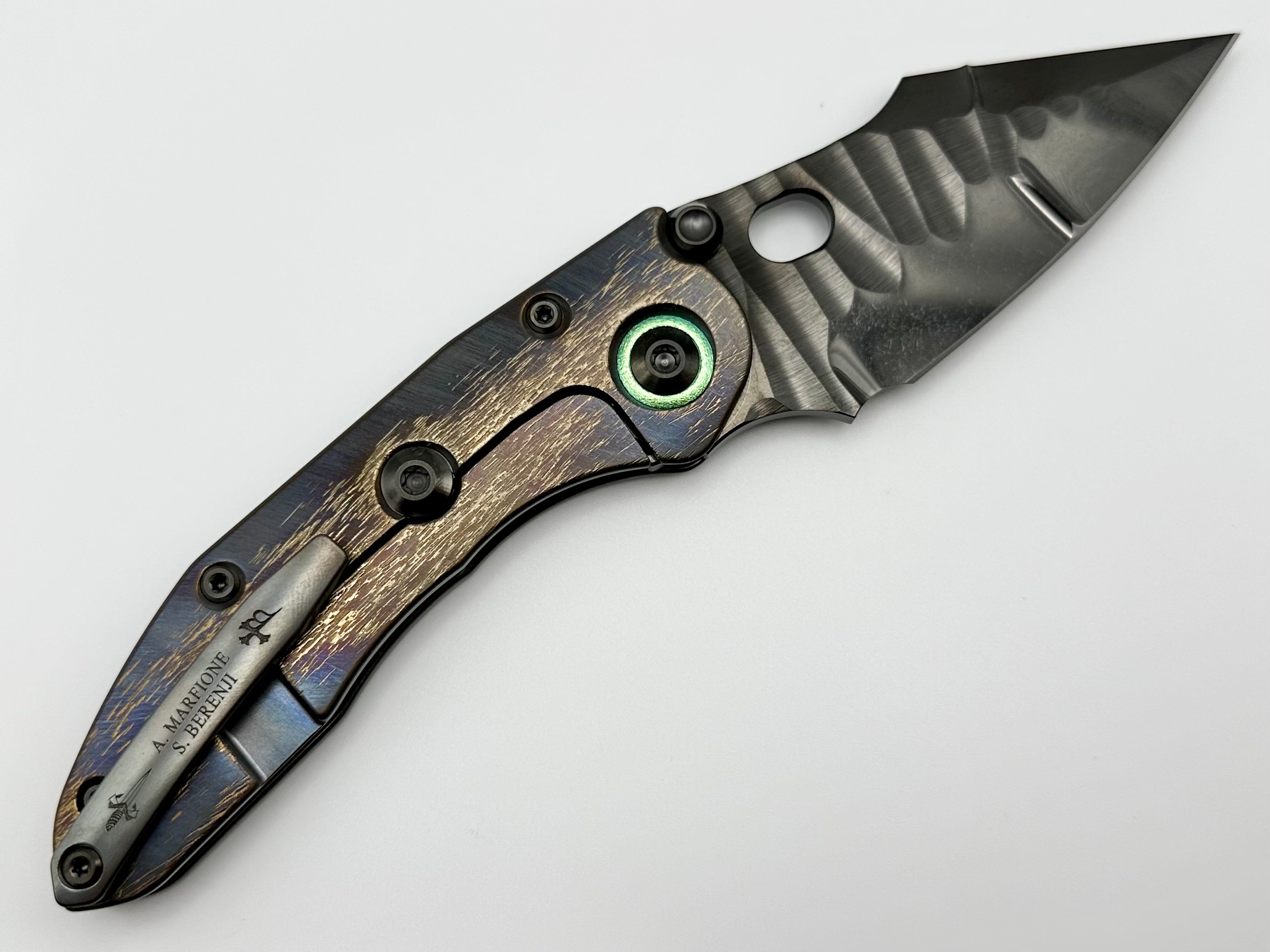 Marfione Custom Knives & Borka Blades Stitch w/ DLC Cracked Diamond Wash Rocked Double Star Grind M390 & Cosmic Titanium